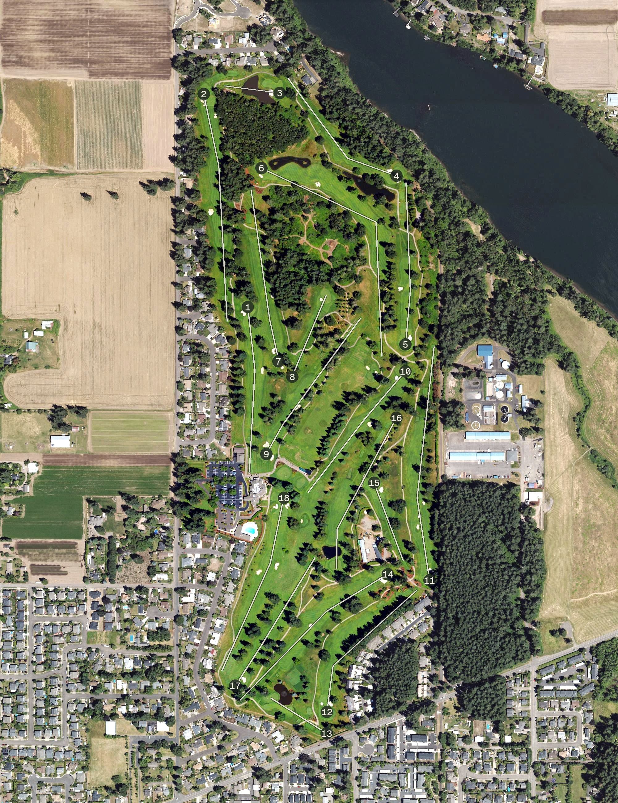 Aerial view of Willamette Valley Country Club, OR, with its hole routing marked