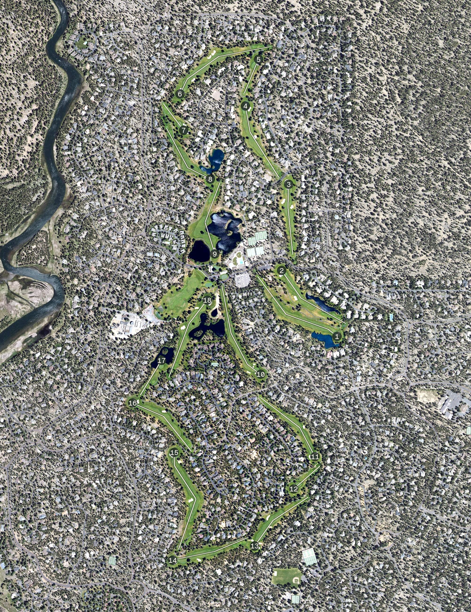Aerial view of Woodlands Golf Course, OR, with its hole routing marked