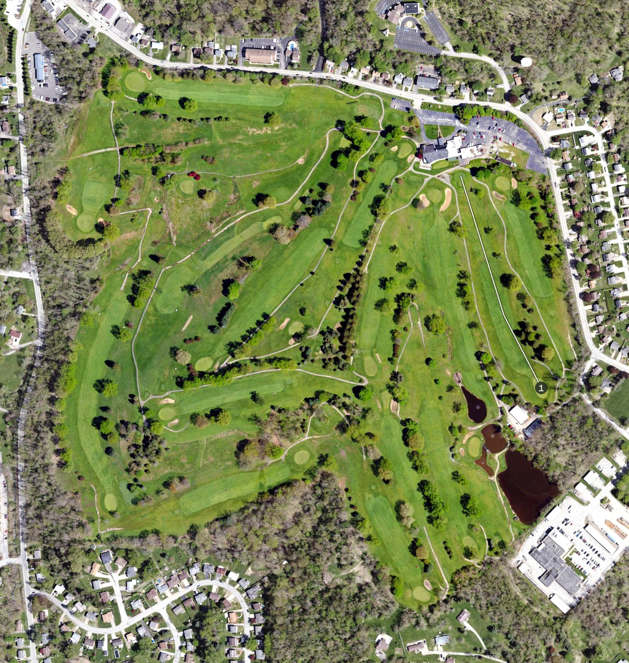 Aerial view of 3 Lakes Golf Course, PA, with its hole routing marked