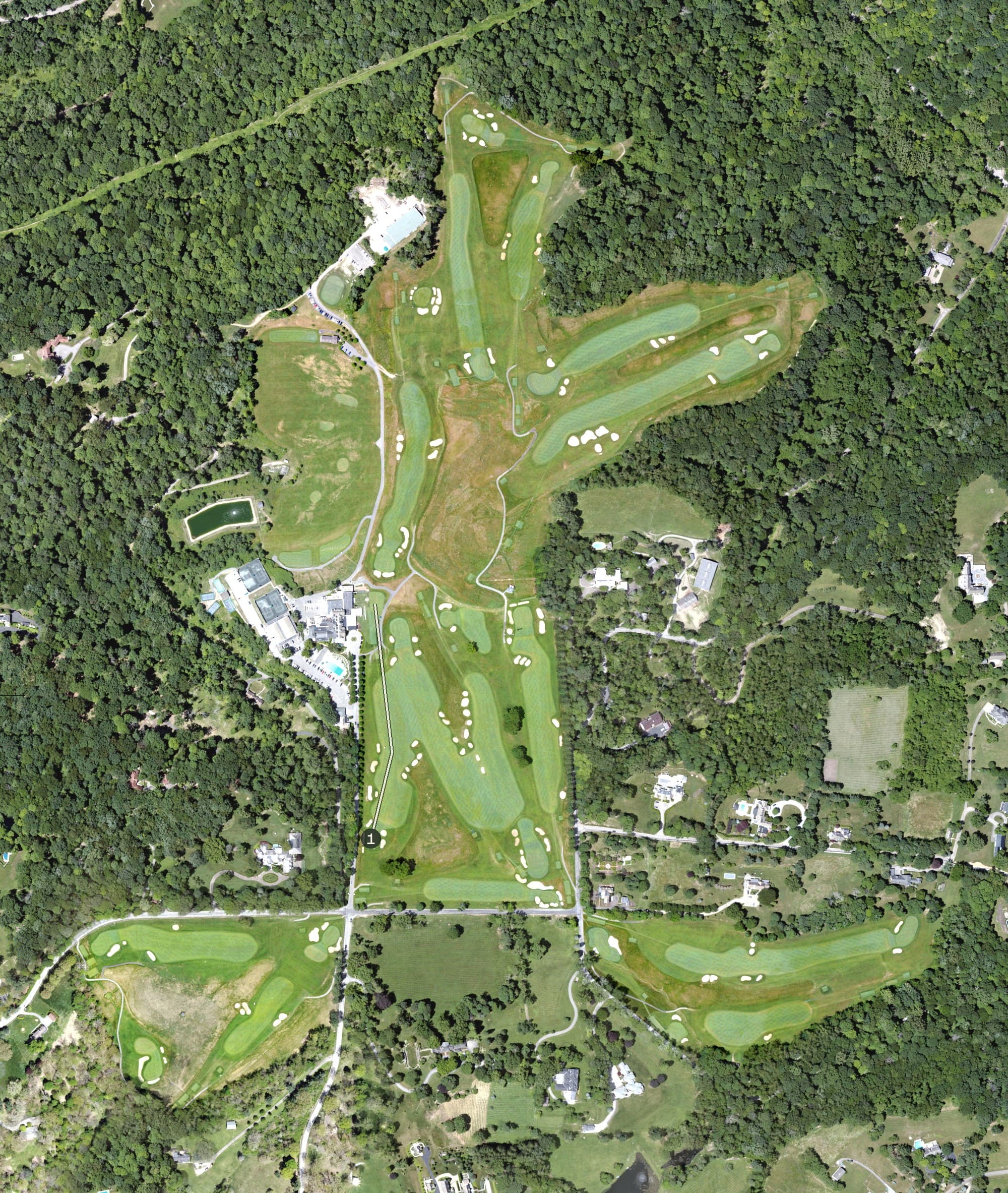 Aerial view of Allegheny Country Club, PA, with its hole routing marked