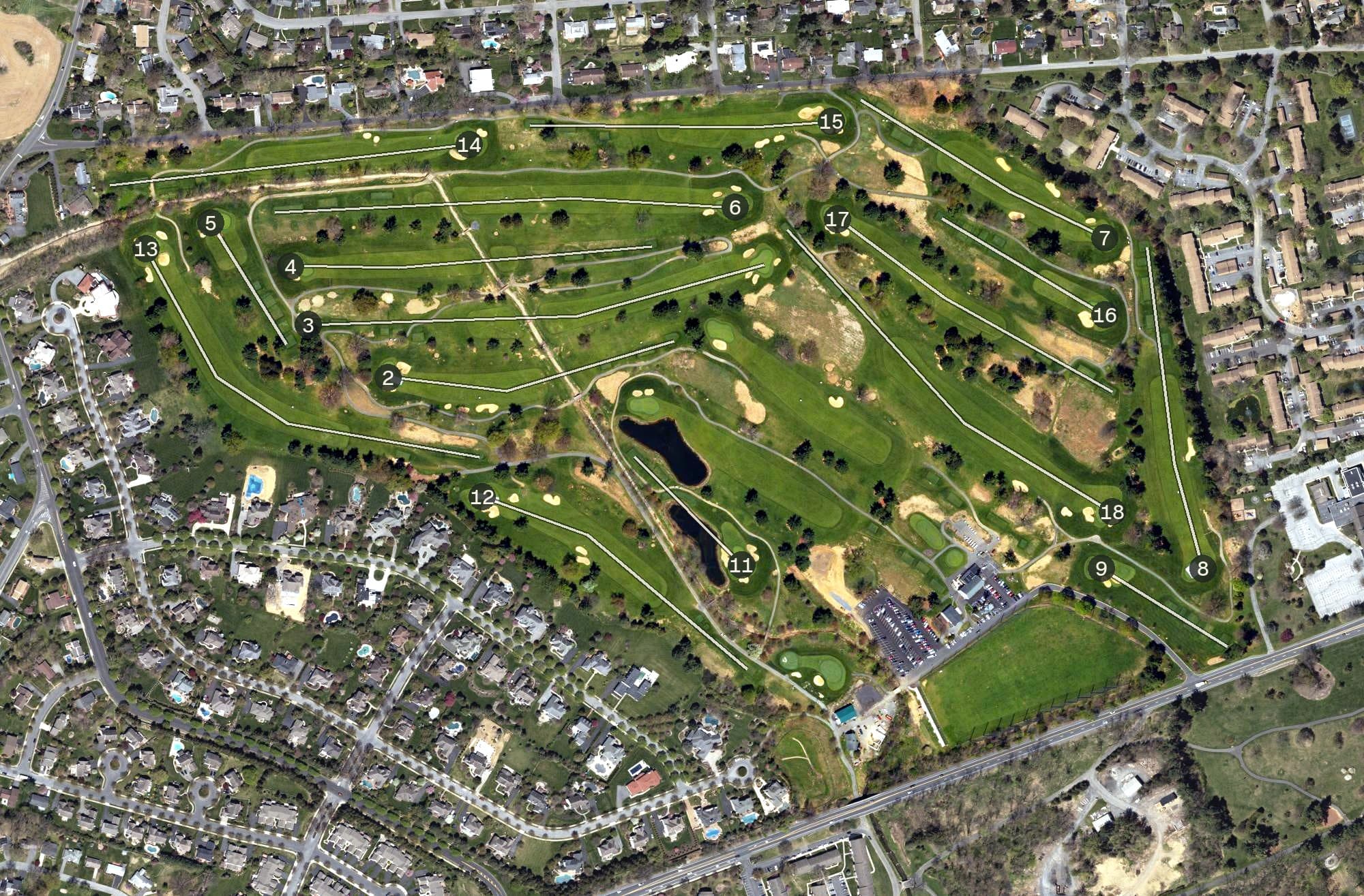 Aerial view of Allentown Municipal Golf Course, PA, with its hole routing marked