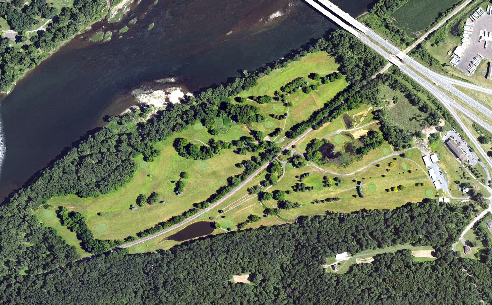 Aerial view of Arnold's Golf Course, PA, with its hole routing marked