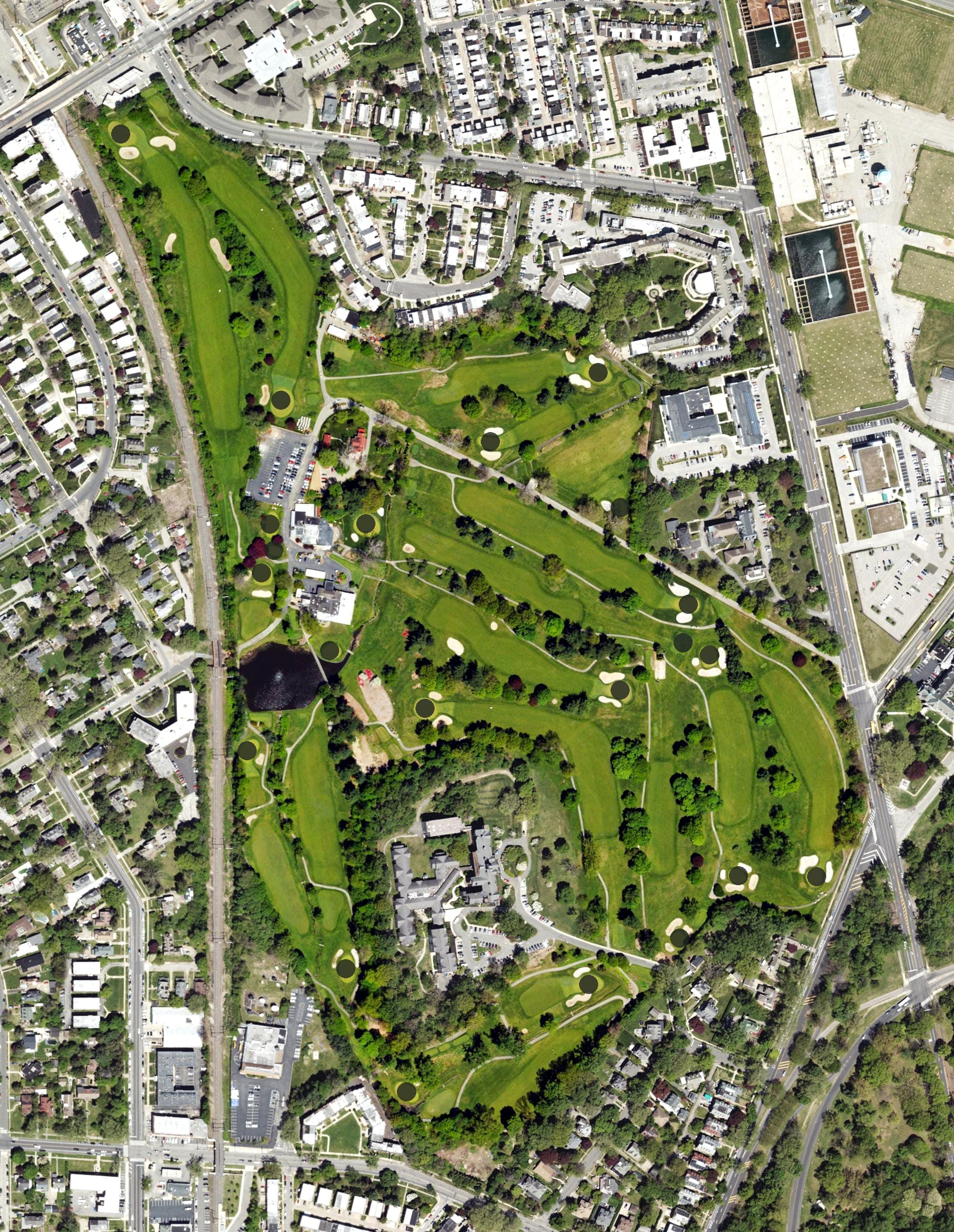 Aerial view of Bala Golf Course, PA, with its hole routing marked