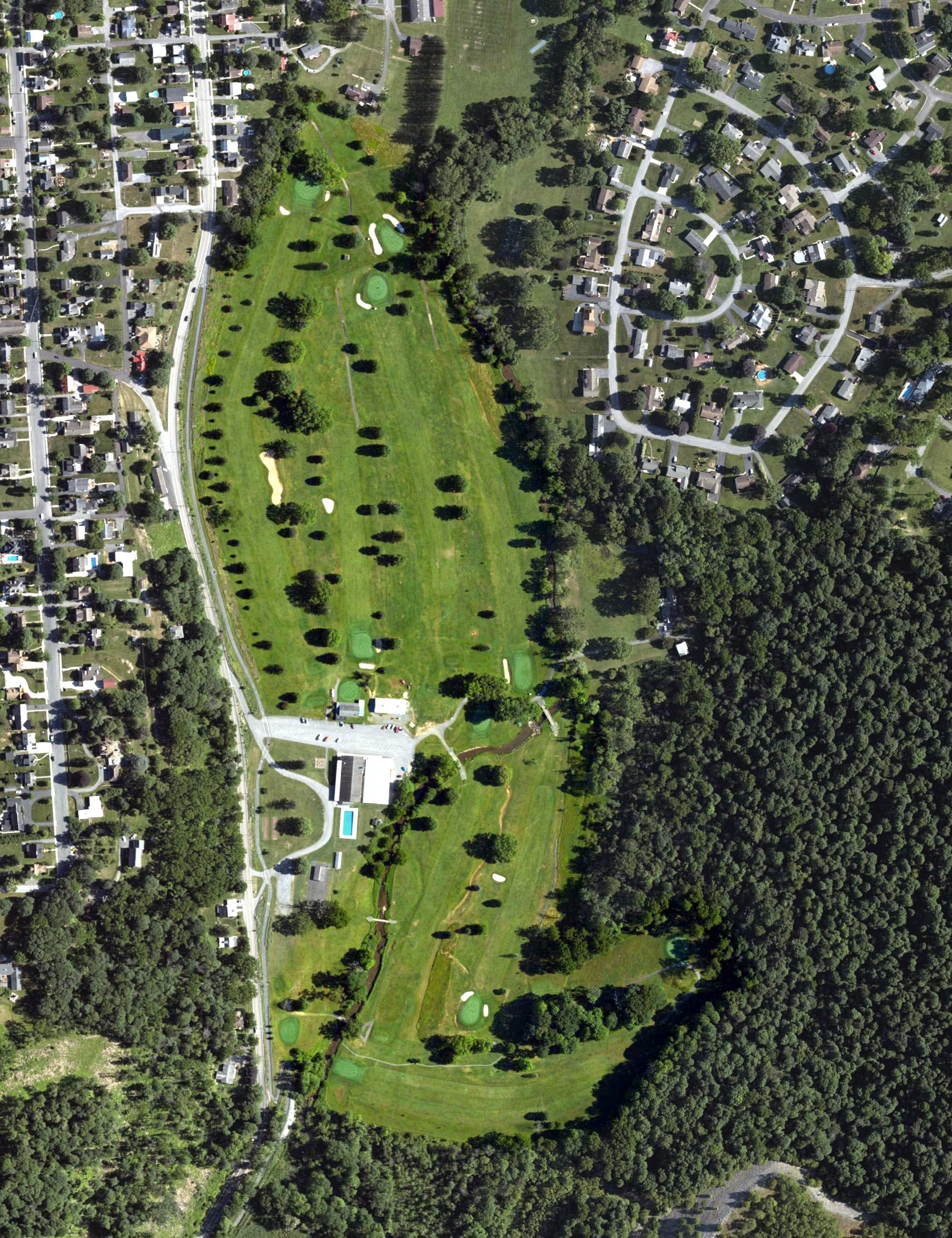 Aerial view of Bedford Elks Golf Course, PA, with its hole routing marked