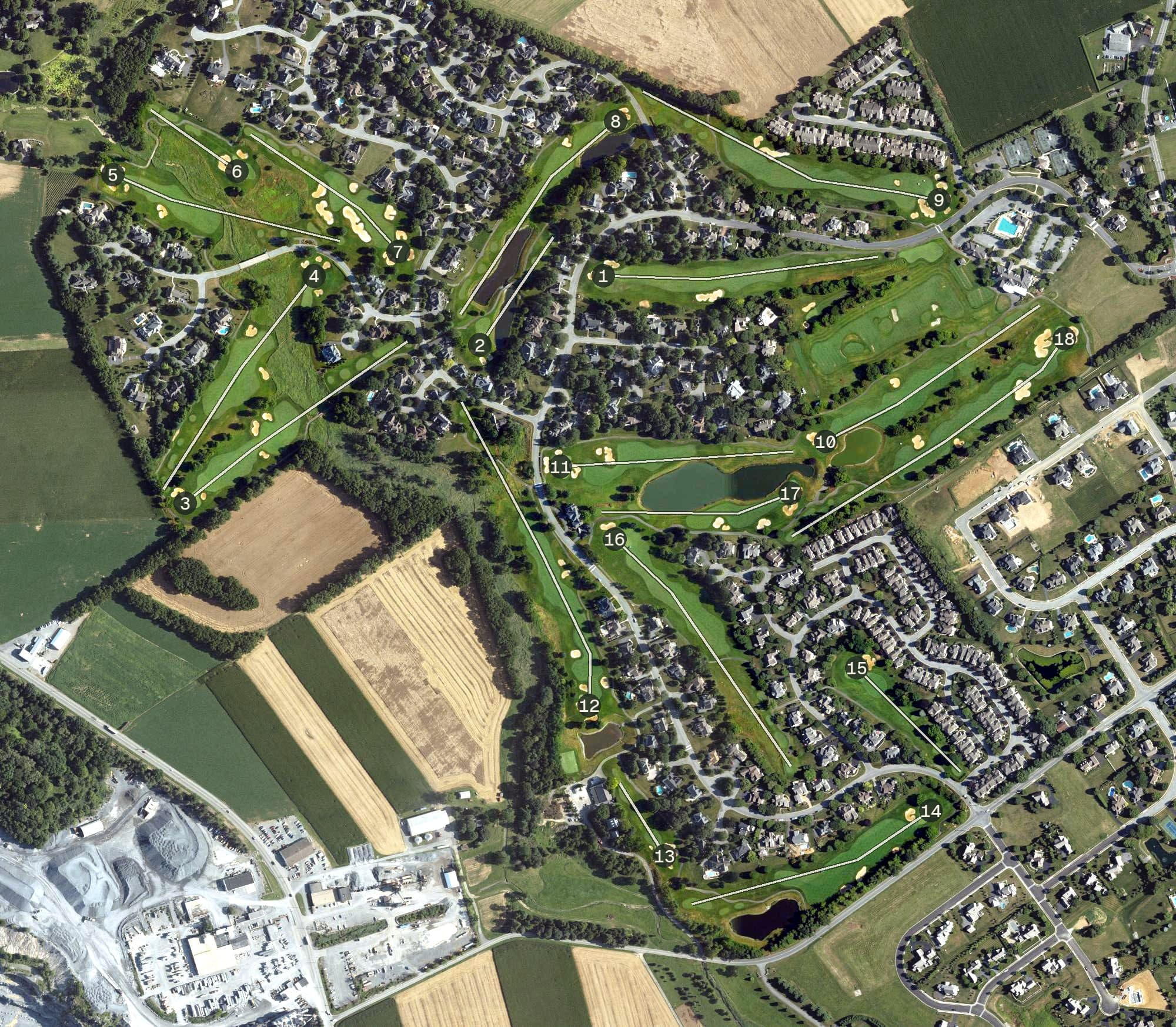 Aerial view of Bent Creek Country Club, PA, with its hole routing marked