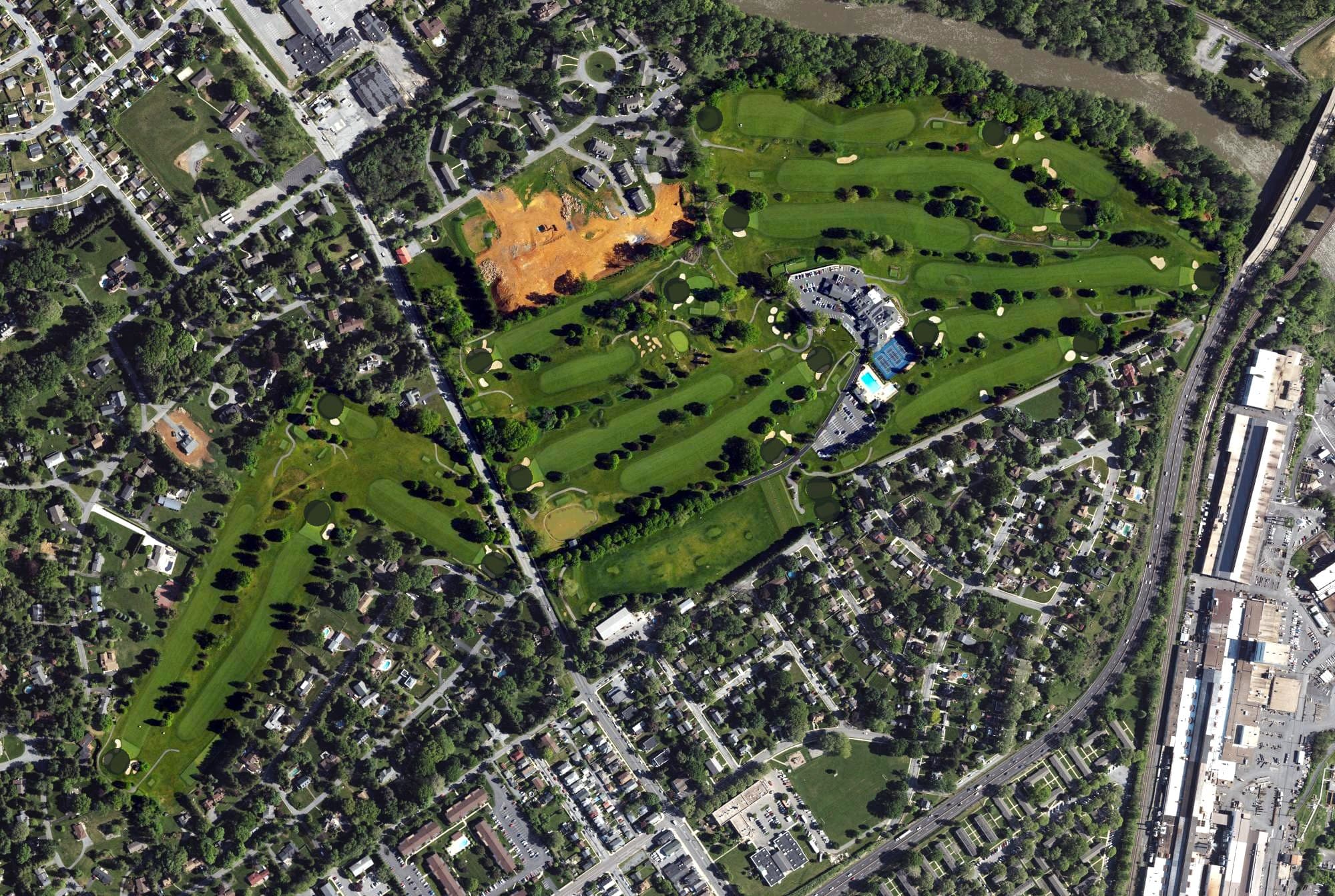 Aerial view of Berkshire Country Club, PA, with its hole routing marked