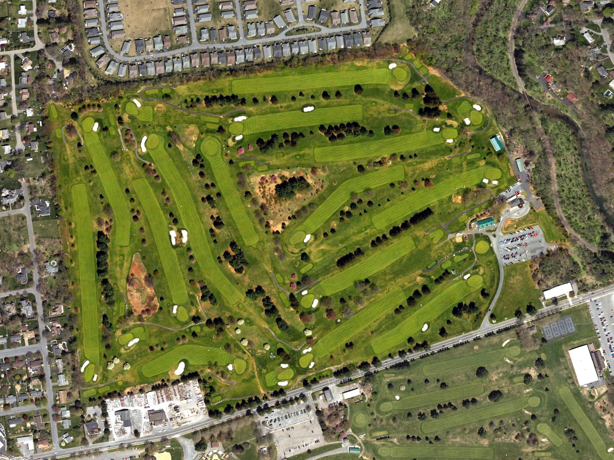 Aerial view of Bethlehem Golf Club - 18 Hole Monocacy Course, PA, with its hole routing marked