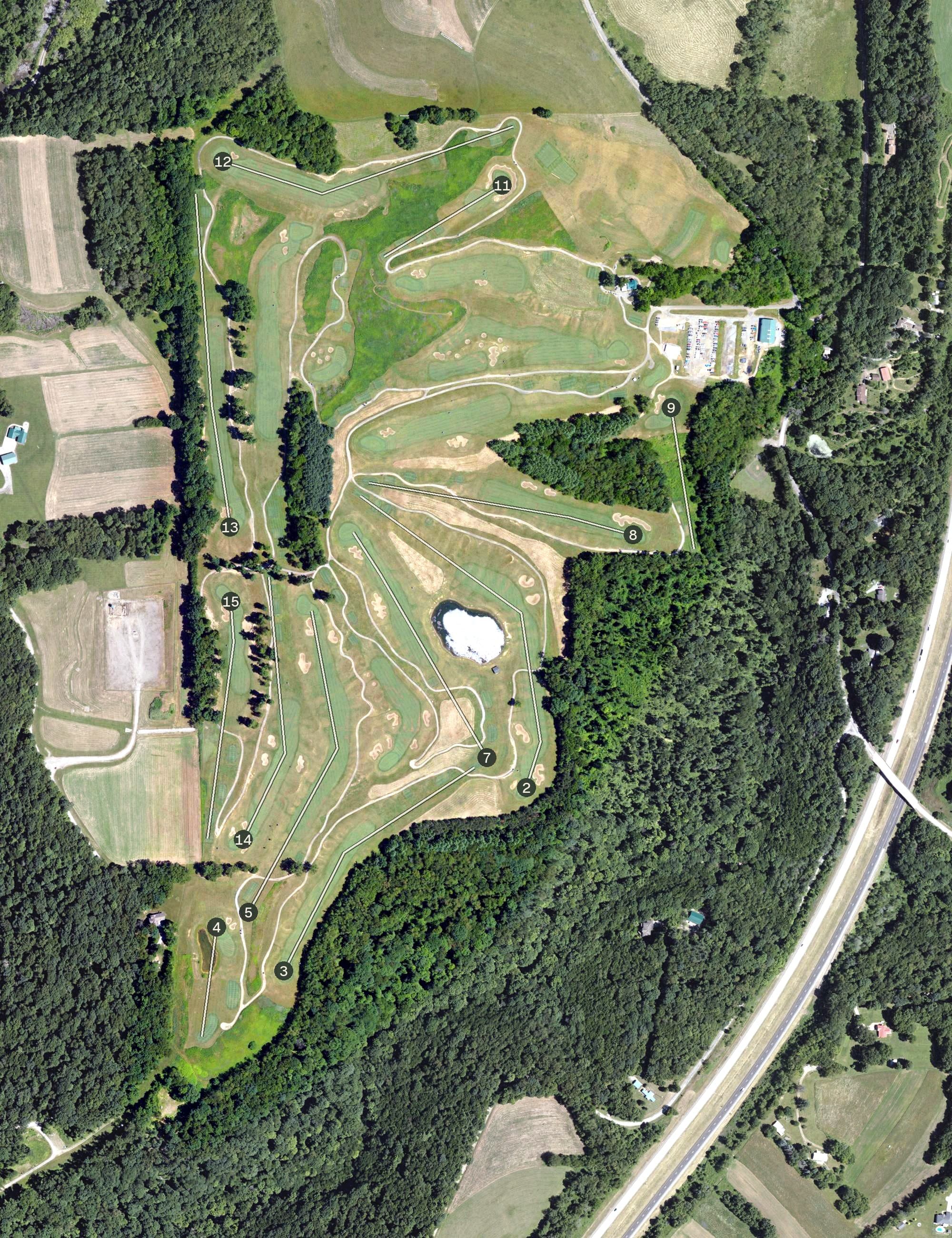 Aerial view of Birdsfoot, PA, with its hole routing marked