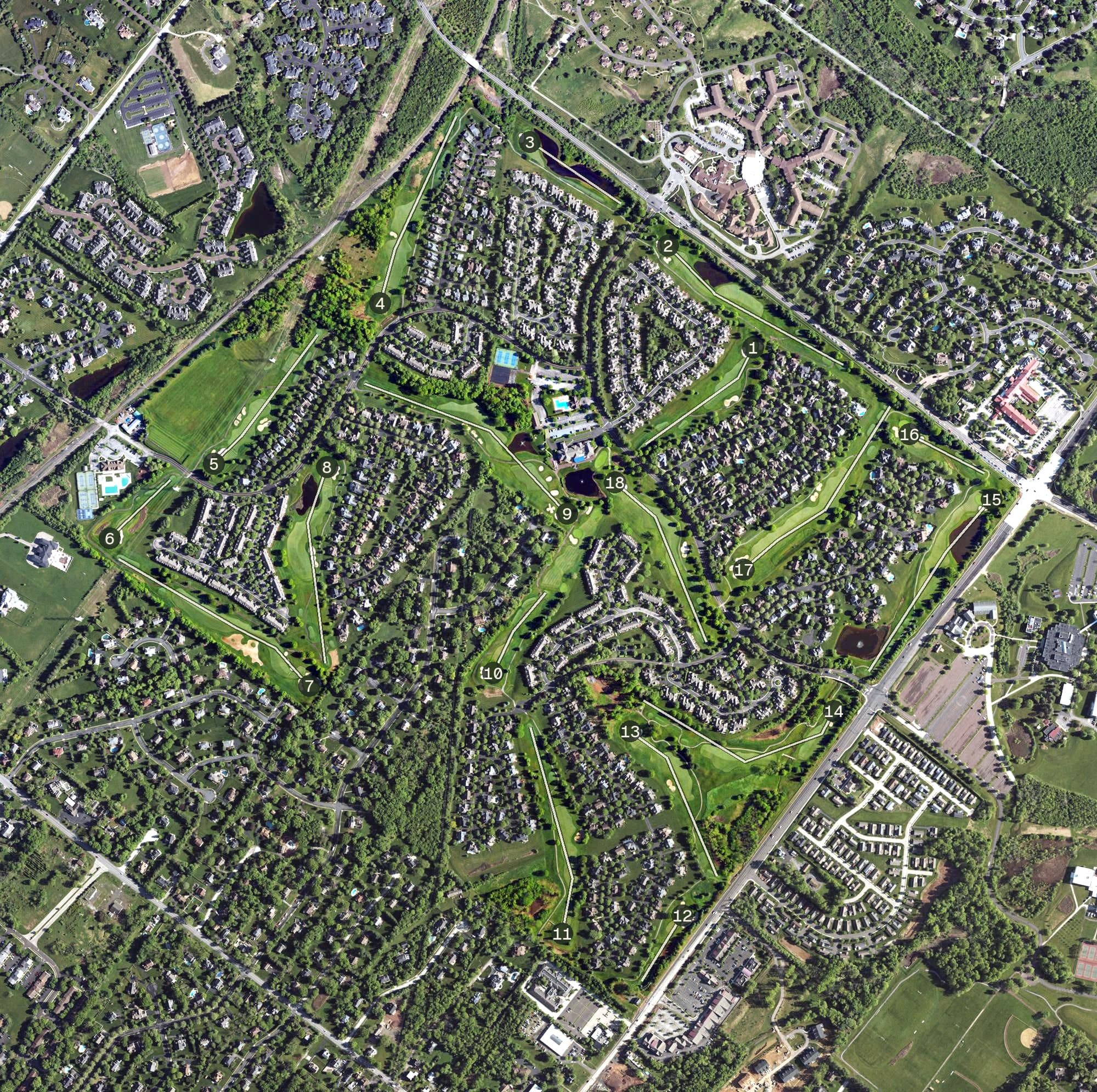 Aerial view of Blue Bell Country Club, PA, with its hole routing marked
