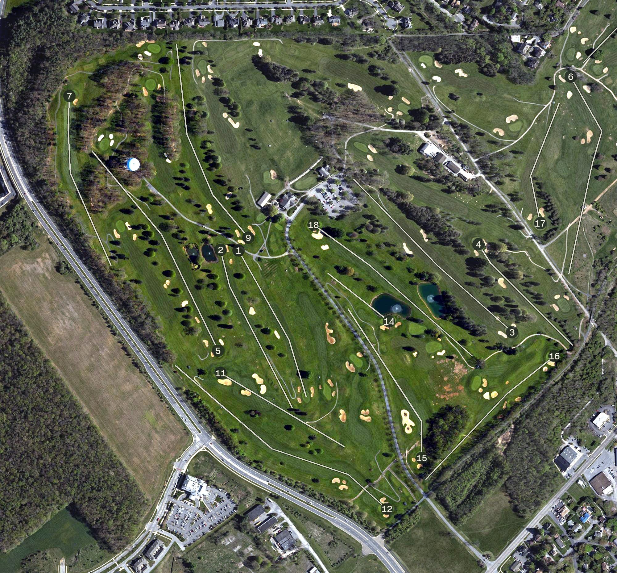 Aerial view of Blue Course, PA, with its hole routing marked