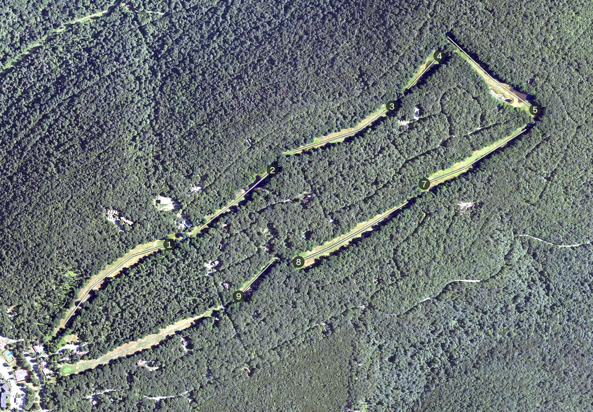 Aerial view of Blue Knob Golf Coub, PA, with its hole routing marked