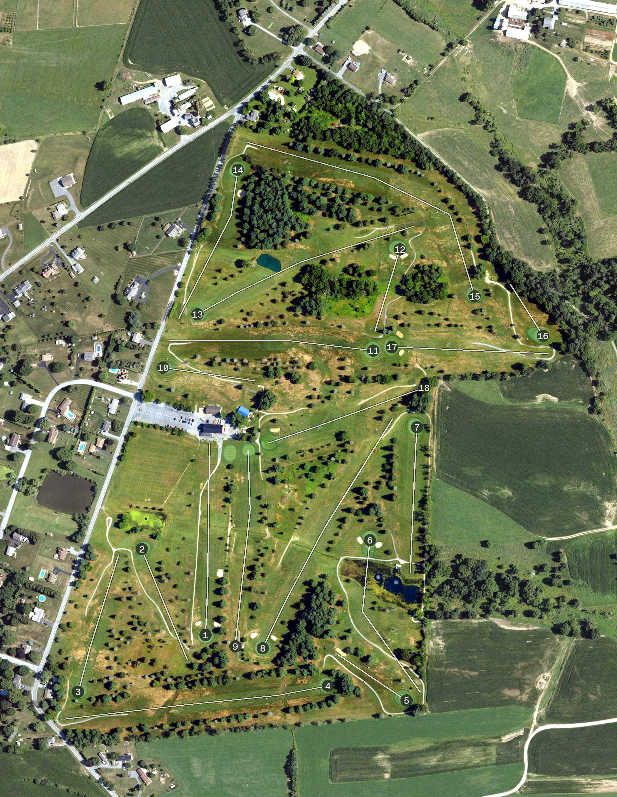 Aerial view of Blue Mountain Golf Course, PA, with its hole routing marked