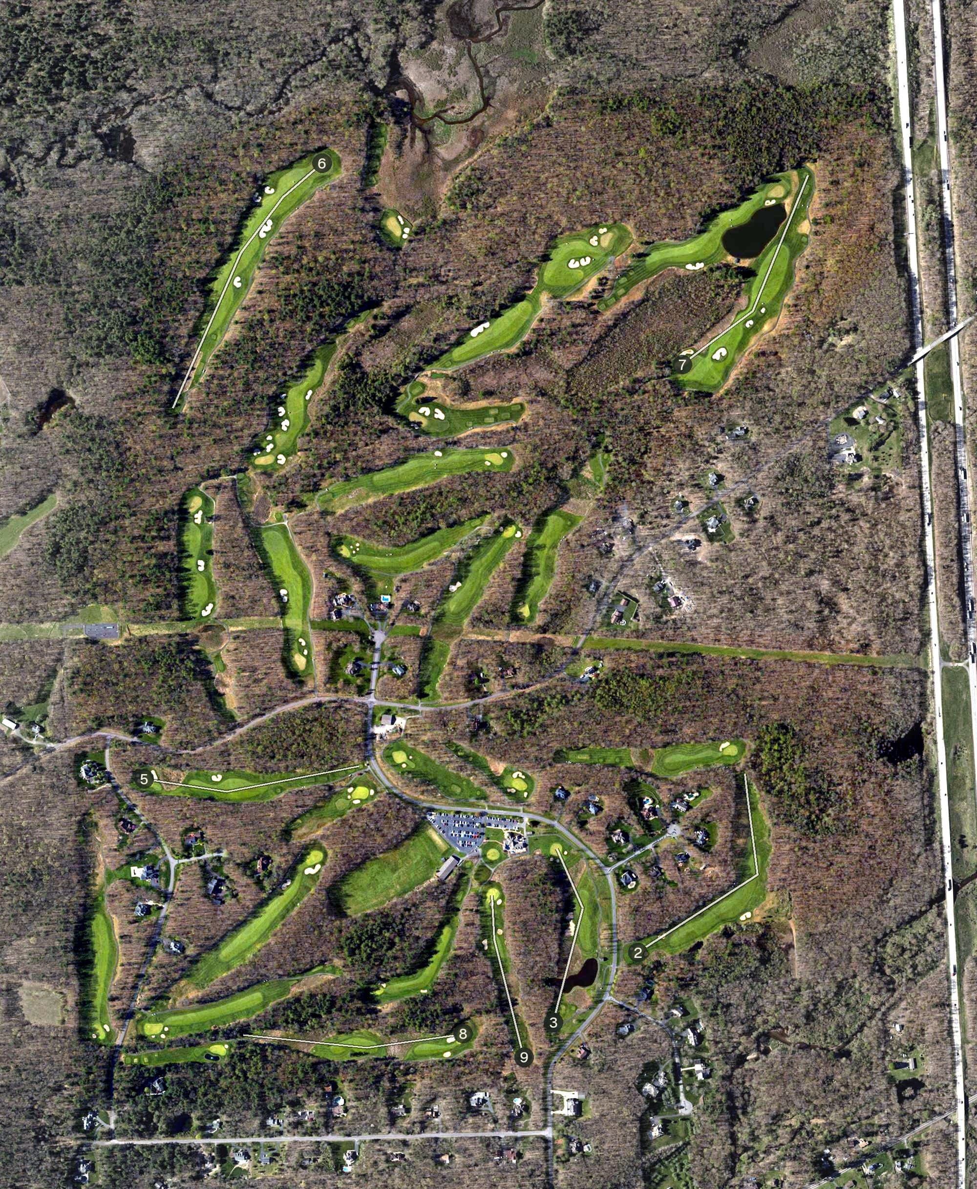 Aerial view of Blue Ridge Trail Golf Club, PA, with its hole routing marked