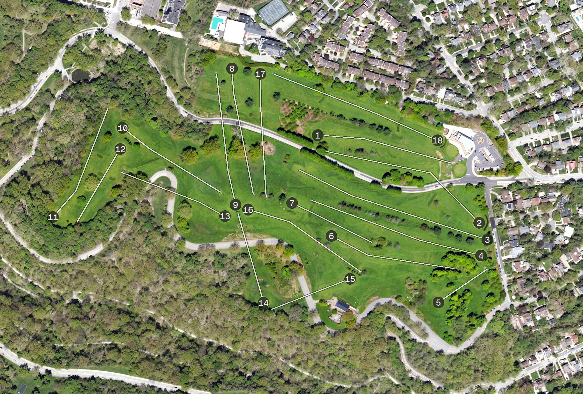 Aerial view of Bob O'Connor Golf Course, PA, with its hole routing marked
