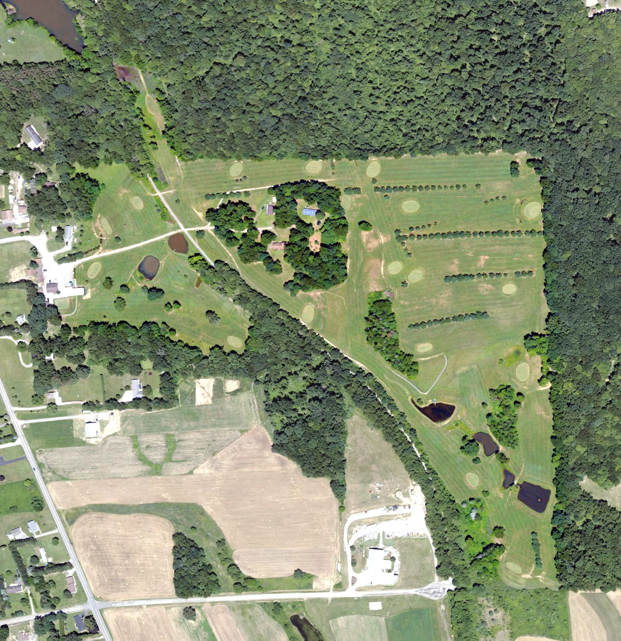 Aerial view of Bonniebrook Clubhouse Golf Course, PA, with its hole routing marked