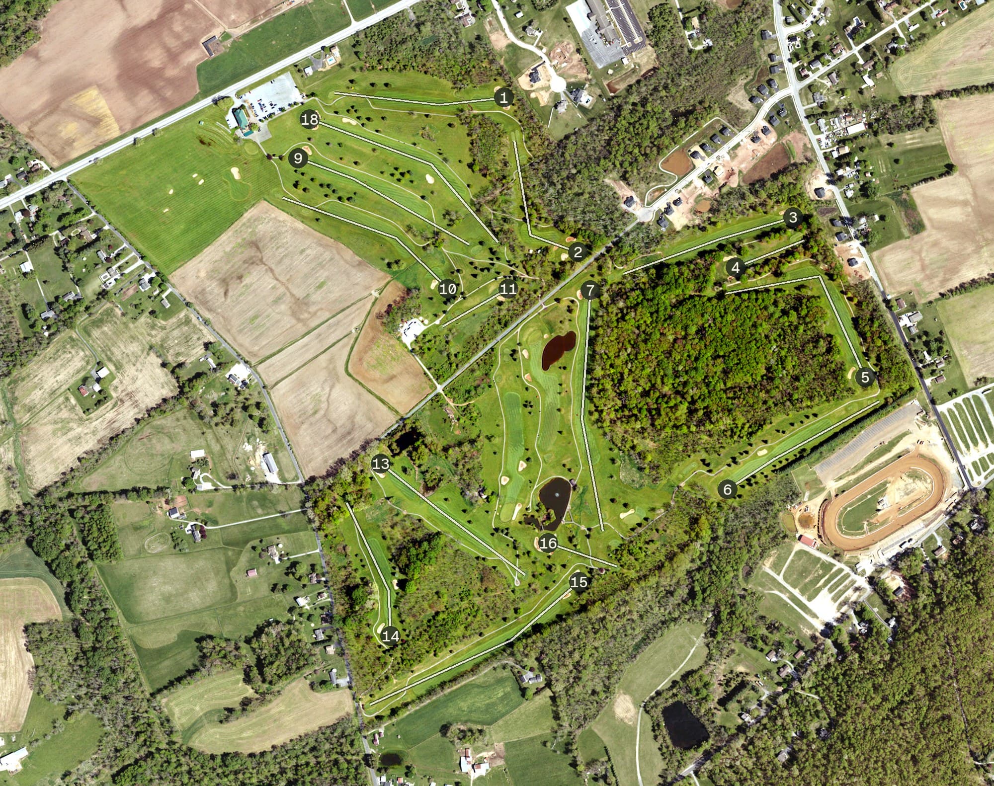 Aerial view of Bridges Golf Club, PA, with its hole routing marked