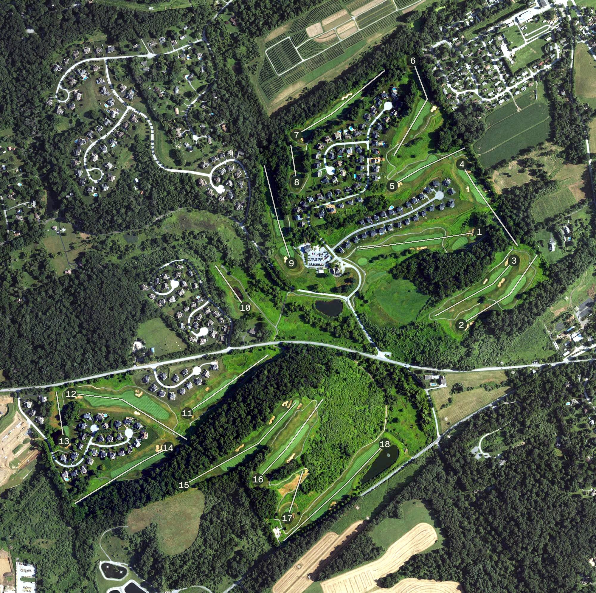 Aerial view of Broad Run Golfer's Club, PA, with its hole routing marked