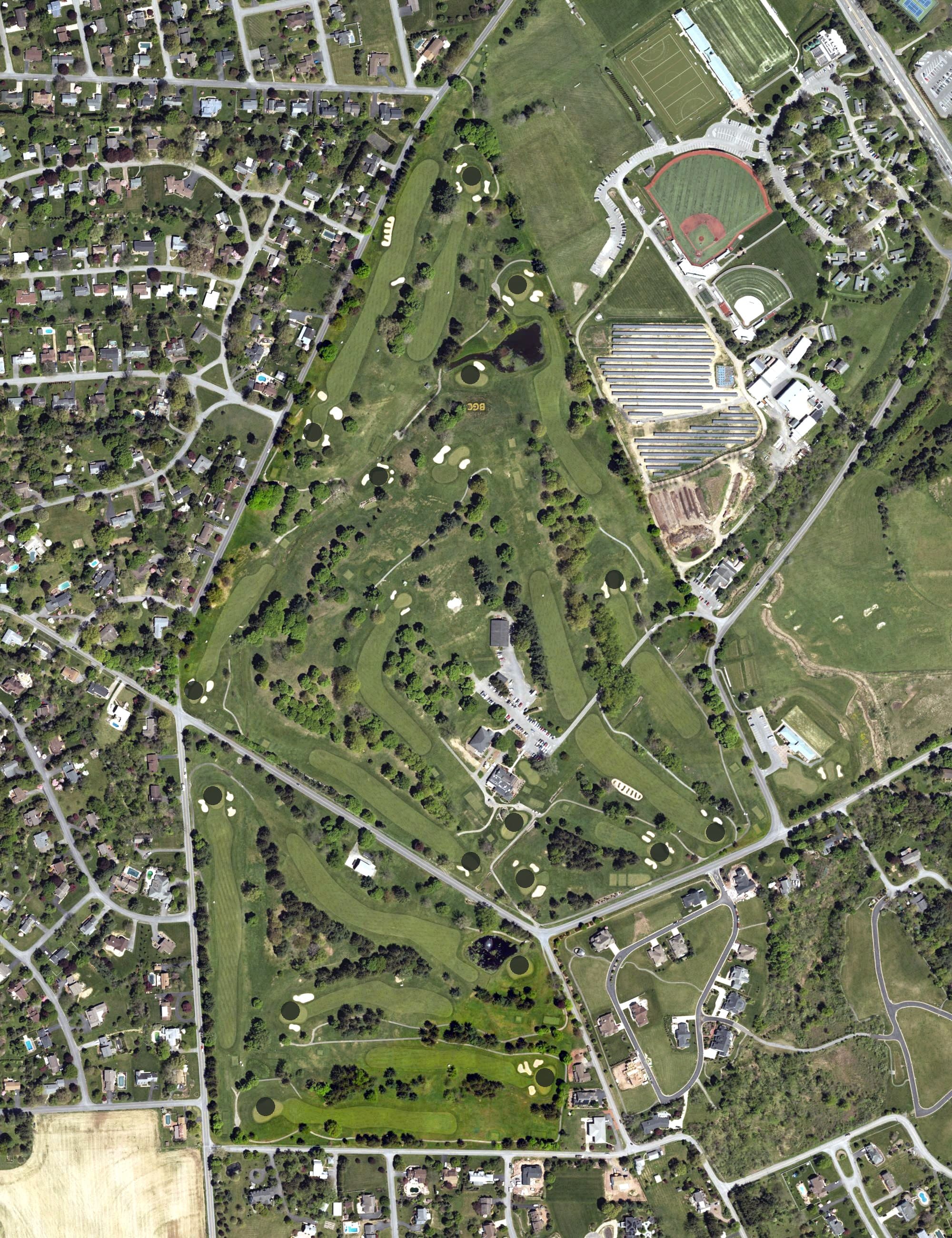 Aerial view of Bucknell Golf Course, PA, with its hole routing marked