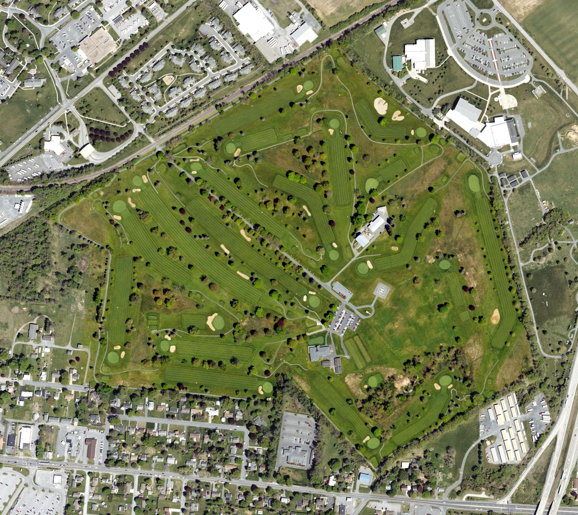 Aerial view of Carlisle Barracks Golf Course, PA, with its hole routing marked