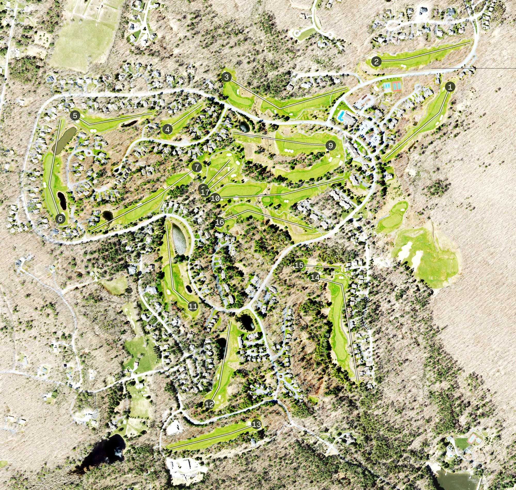 Aerial view of CC at Woodloch Springs, PA, with its hole routing marked