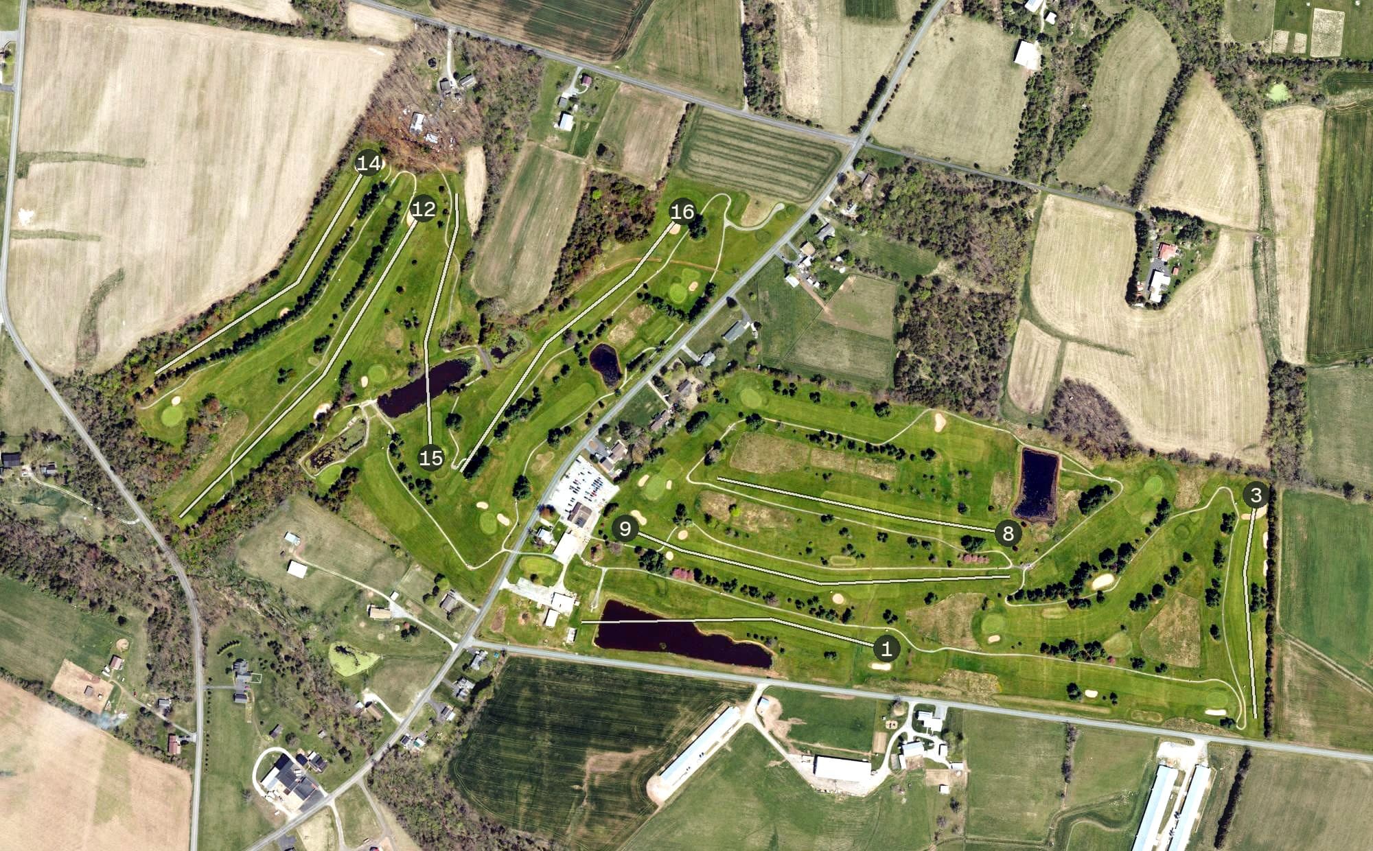 Aerial view of Cedar Ridge Golf Course, PA, with its hole routing marked