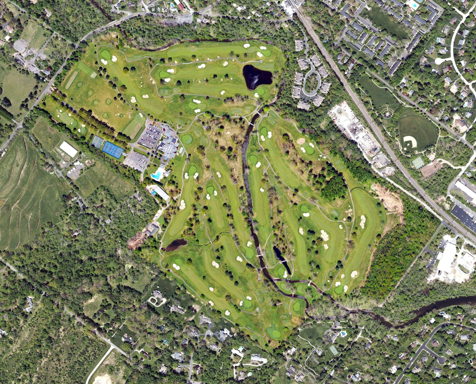 Aerial view of Cedarbrook Country Club, PA, with its hole routing marked