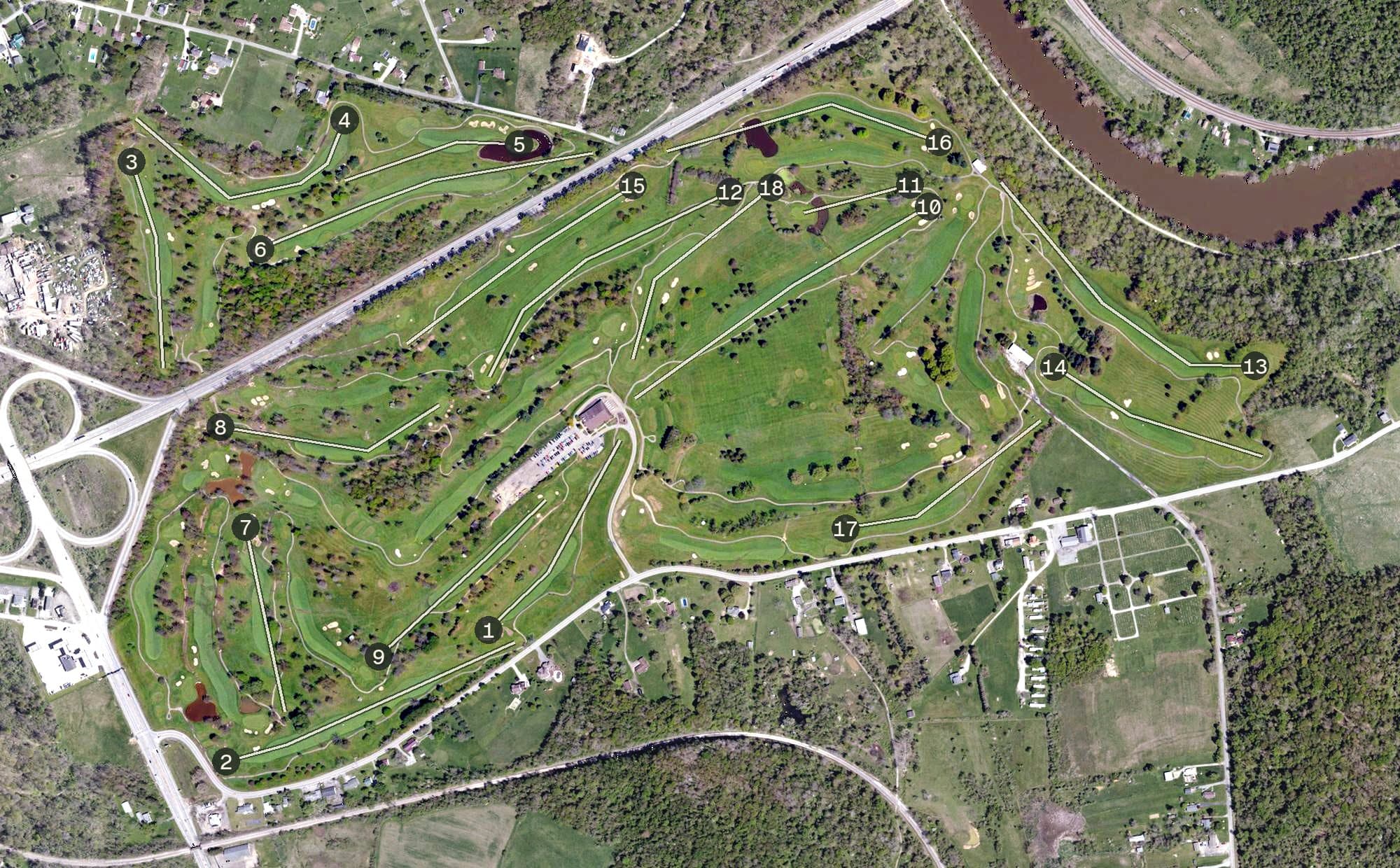 Aerial view of Cedarbrook Golf Course, PA, with its hole routing marked