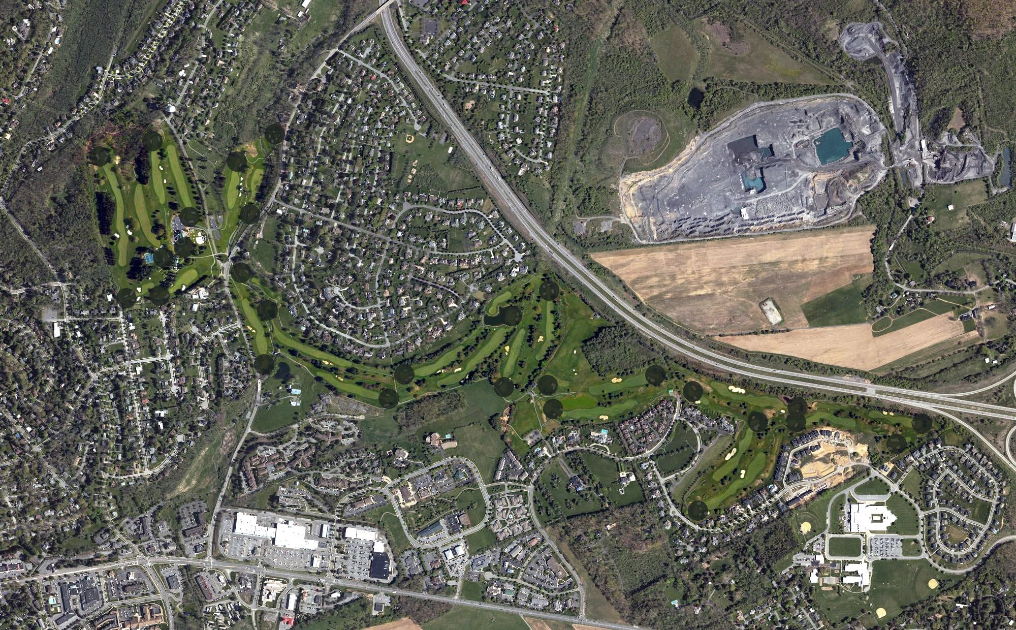 Aerial view of Centre Hills Country Club, PA, with its hole routing marked
