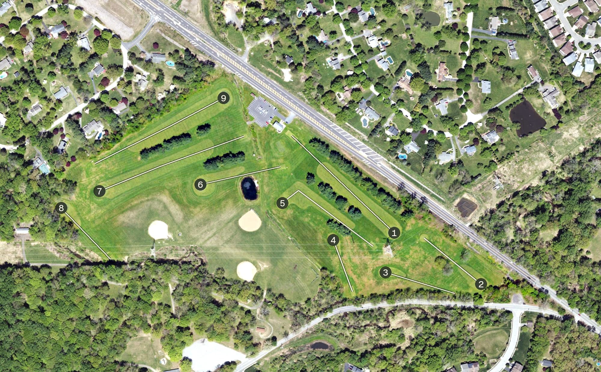 Aerial view of Clayton Park Golf Course, PA, with its hole routing marked