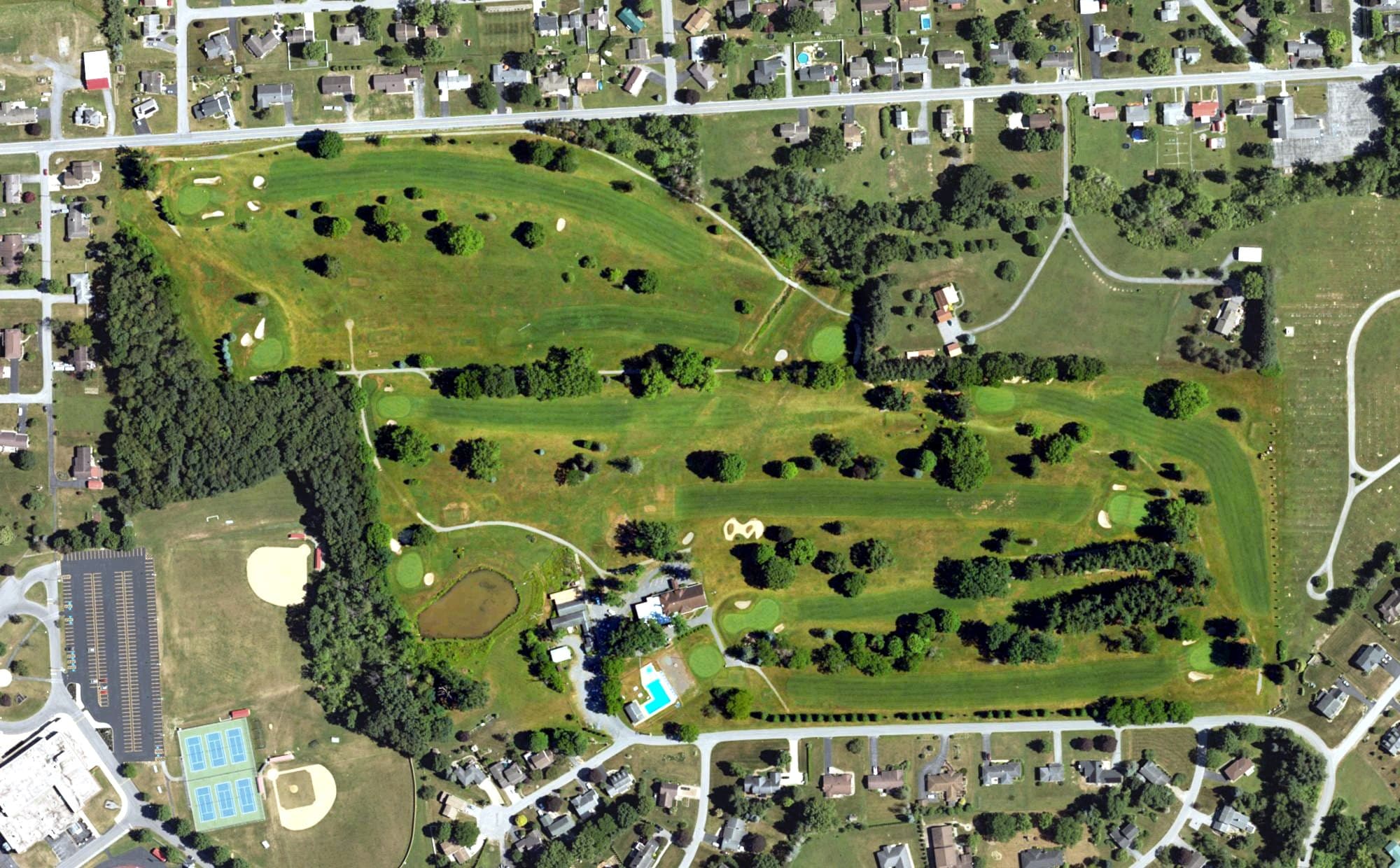 Aerial view of Clearfield Curwensville Country Club, PA, with its hole routing marked