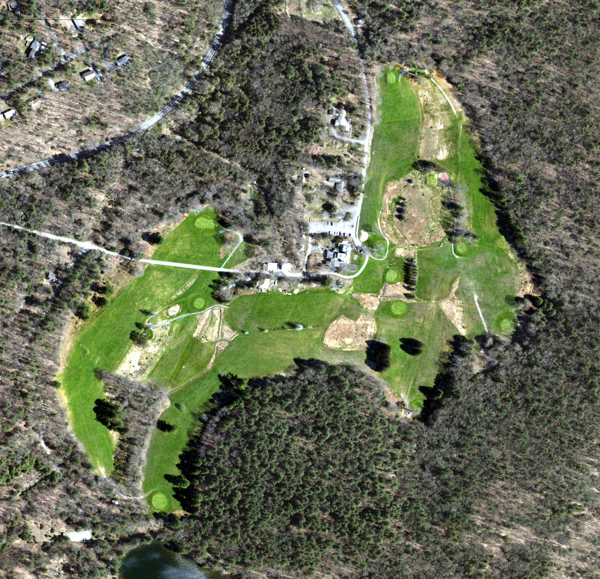 Aerial view of Cliff Park Inn Golf Course, PA, with its hole routing marked