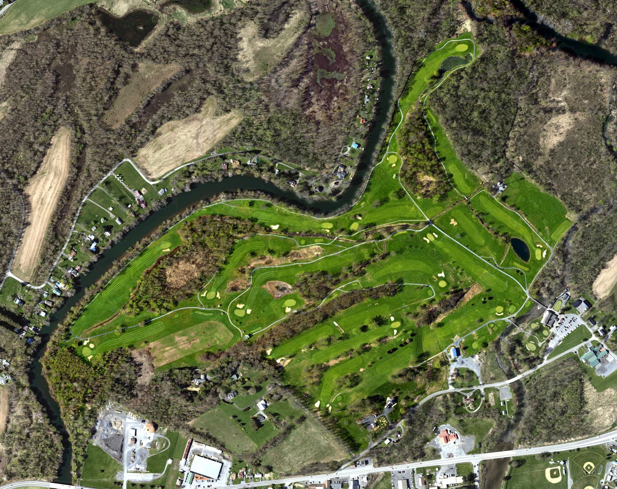 Aerial view of Clinton County Country Club, PA, with its hole routing marked