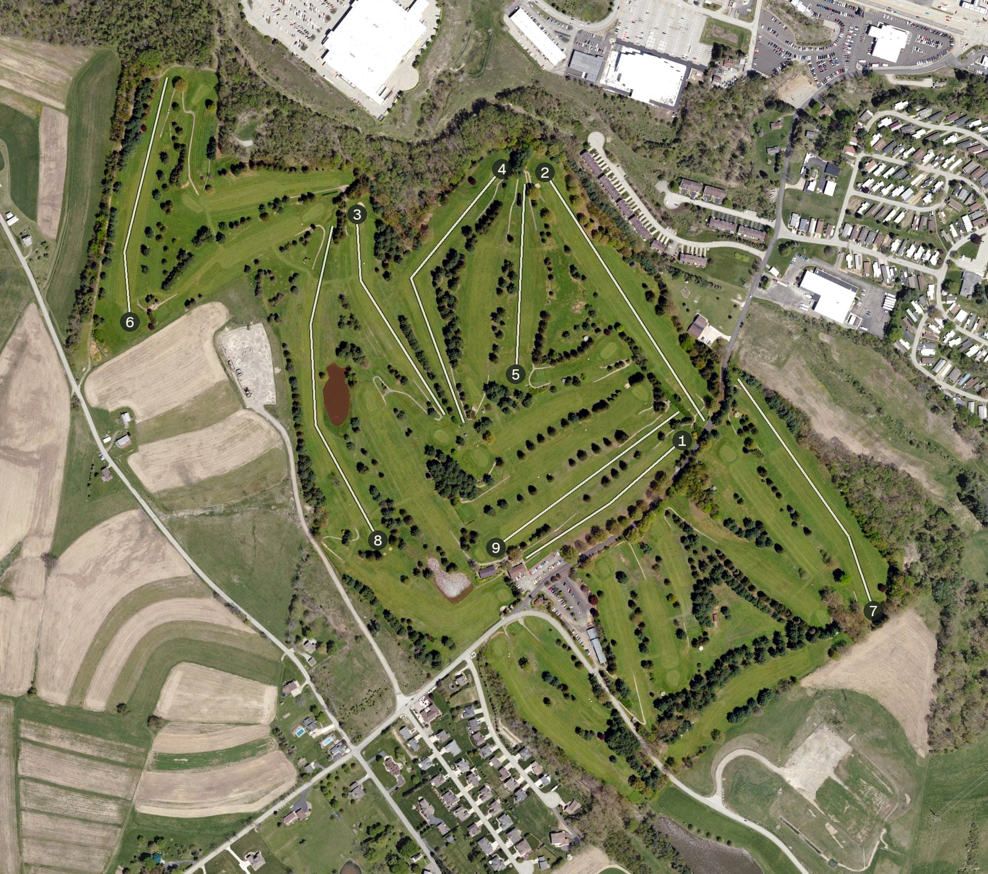 Aerial view of Cloverleaf Golf Course, PA, with its hole routing marked