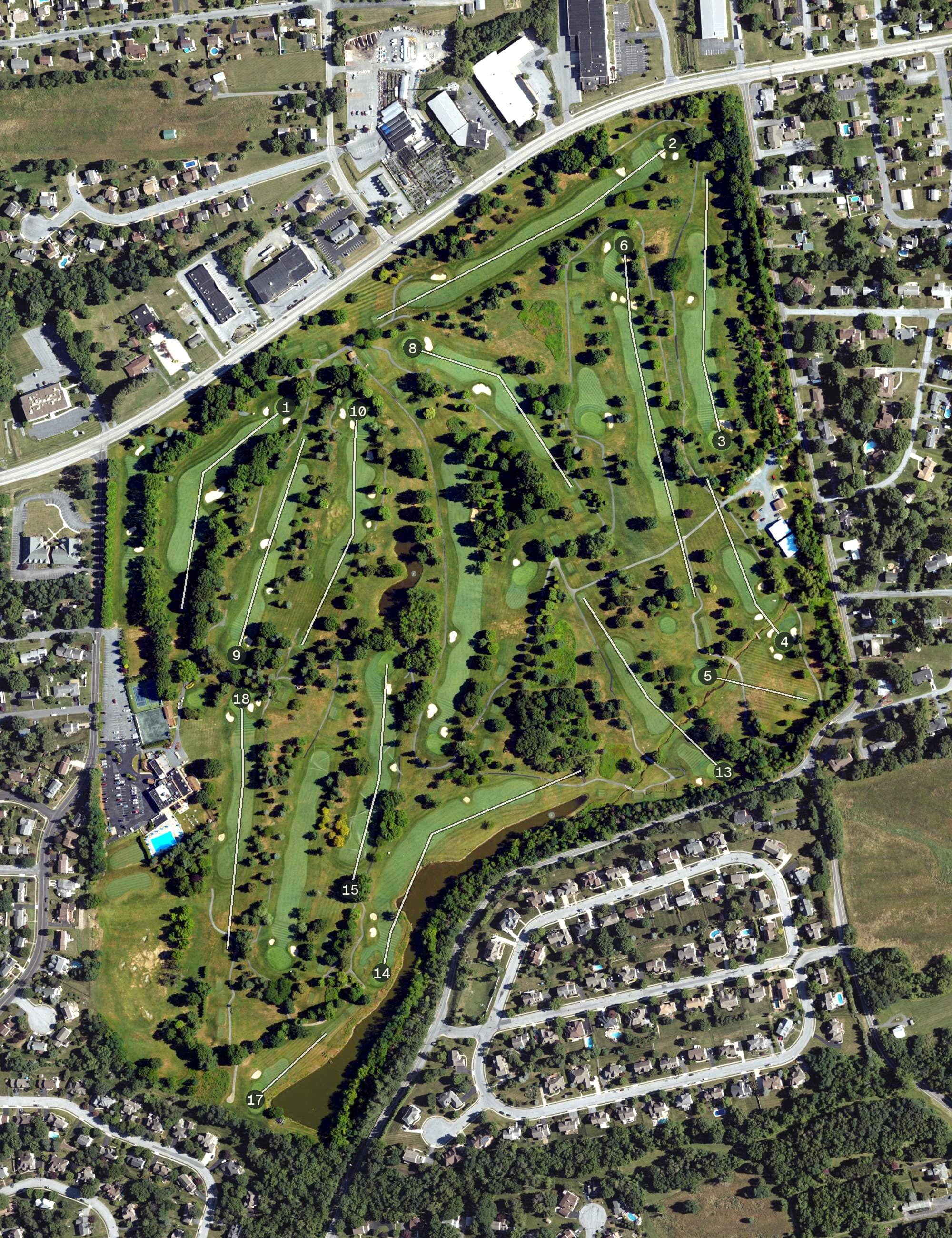 Aerial view of Colonial Golf and Tennis Club, PA, with its hole routing marked