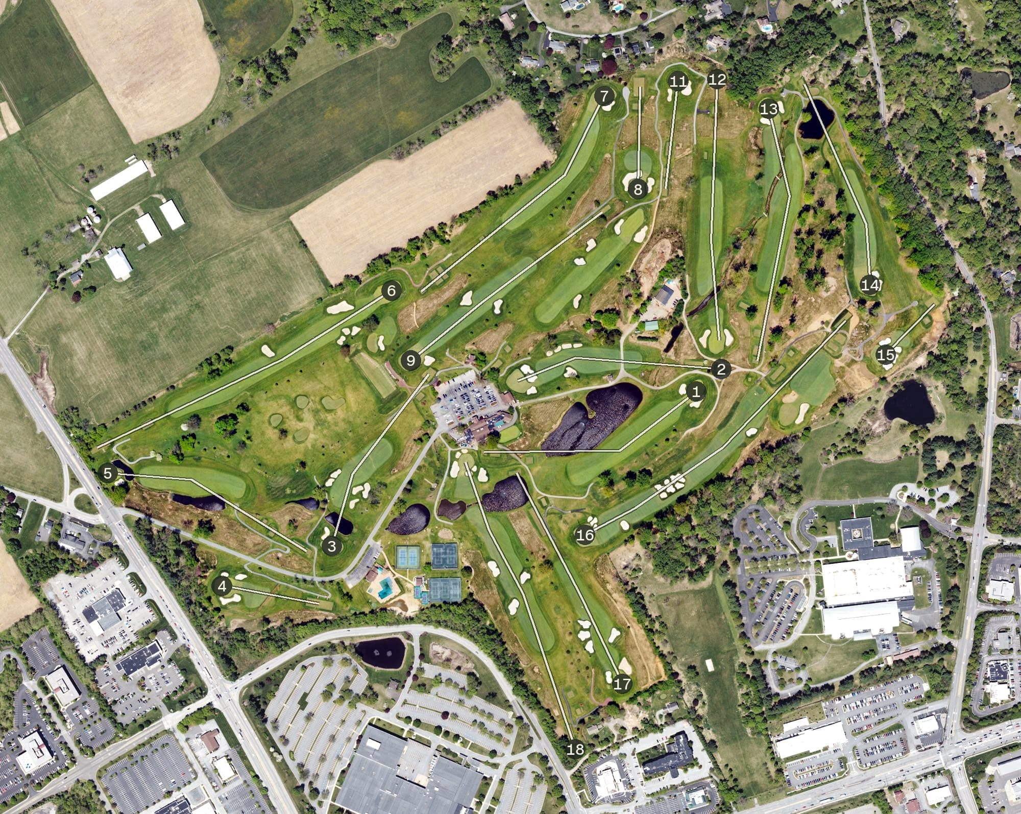 Aerial view of Concord Country Club, PA, with its hole routing marked