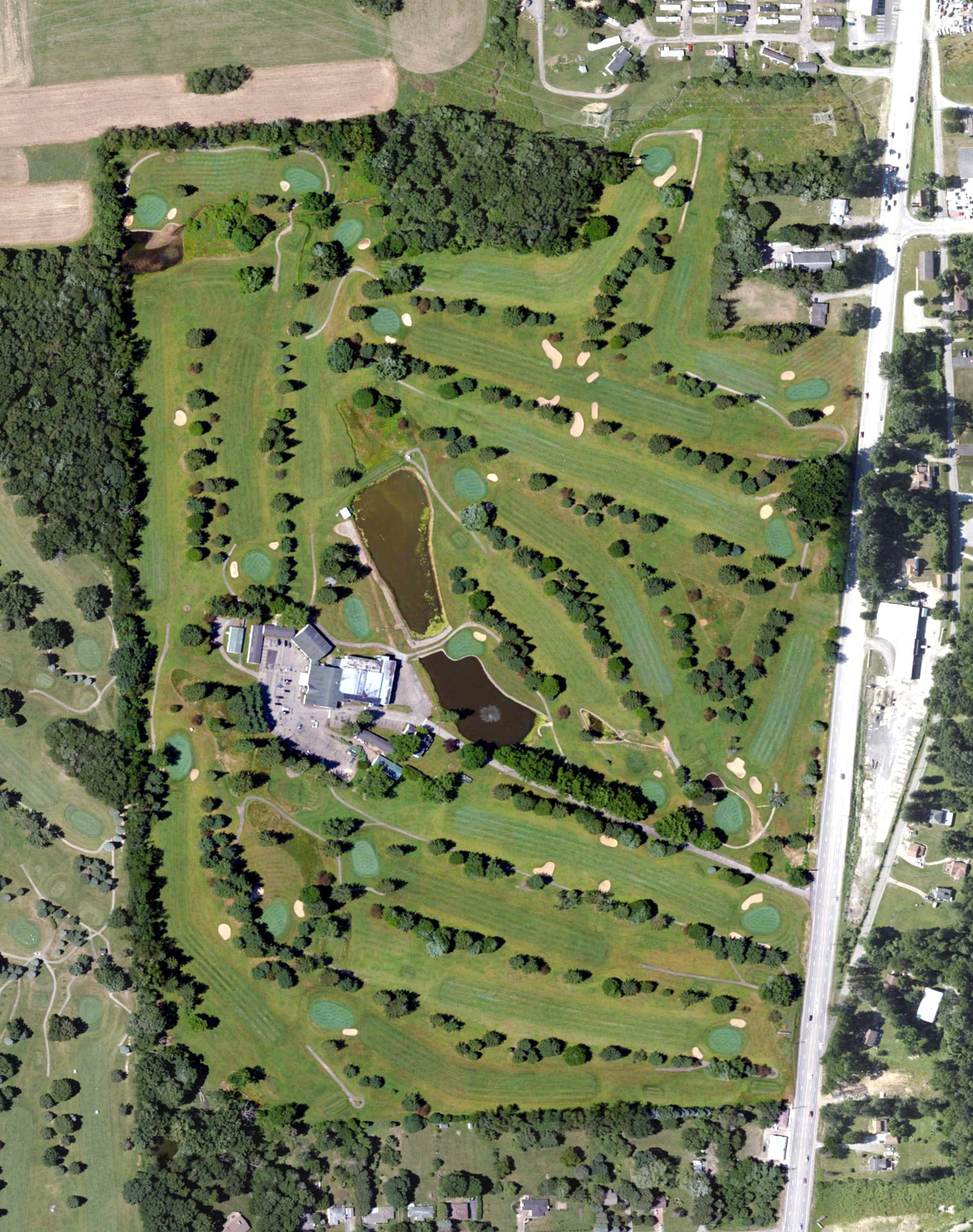 Aerial view of Conley Golf Resort, PA, with its hole routing marked