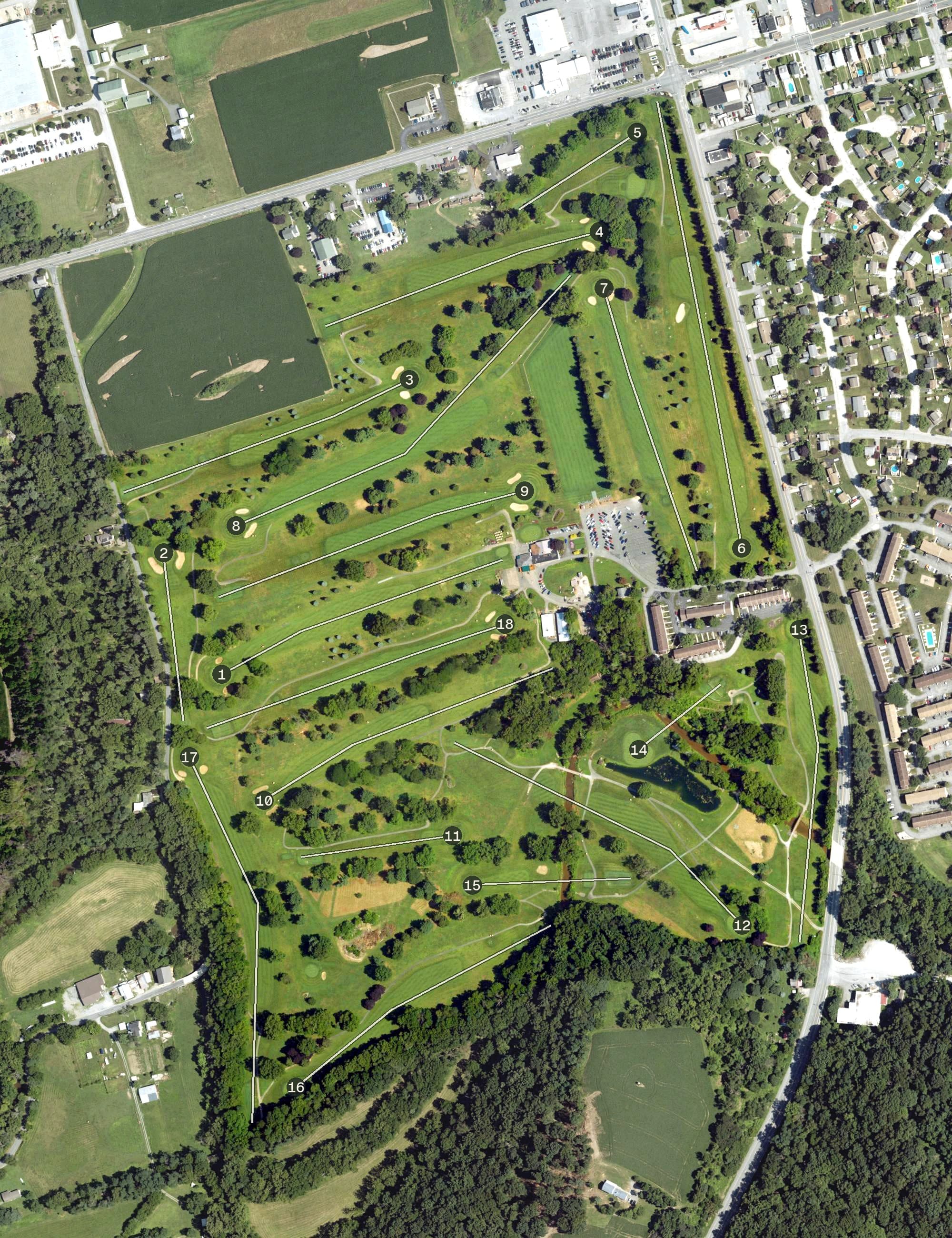 Aerial view of Cool Creek Golf Course, PA, with its hole routing marked