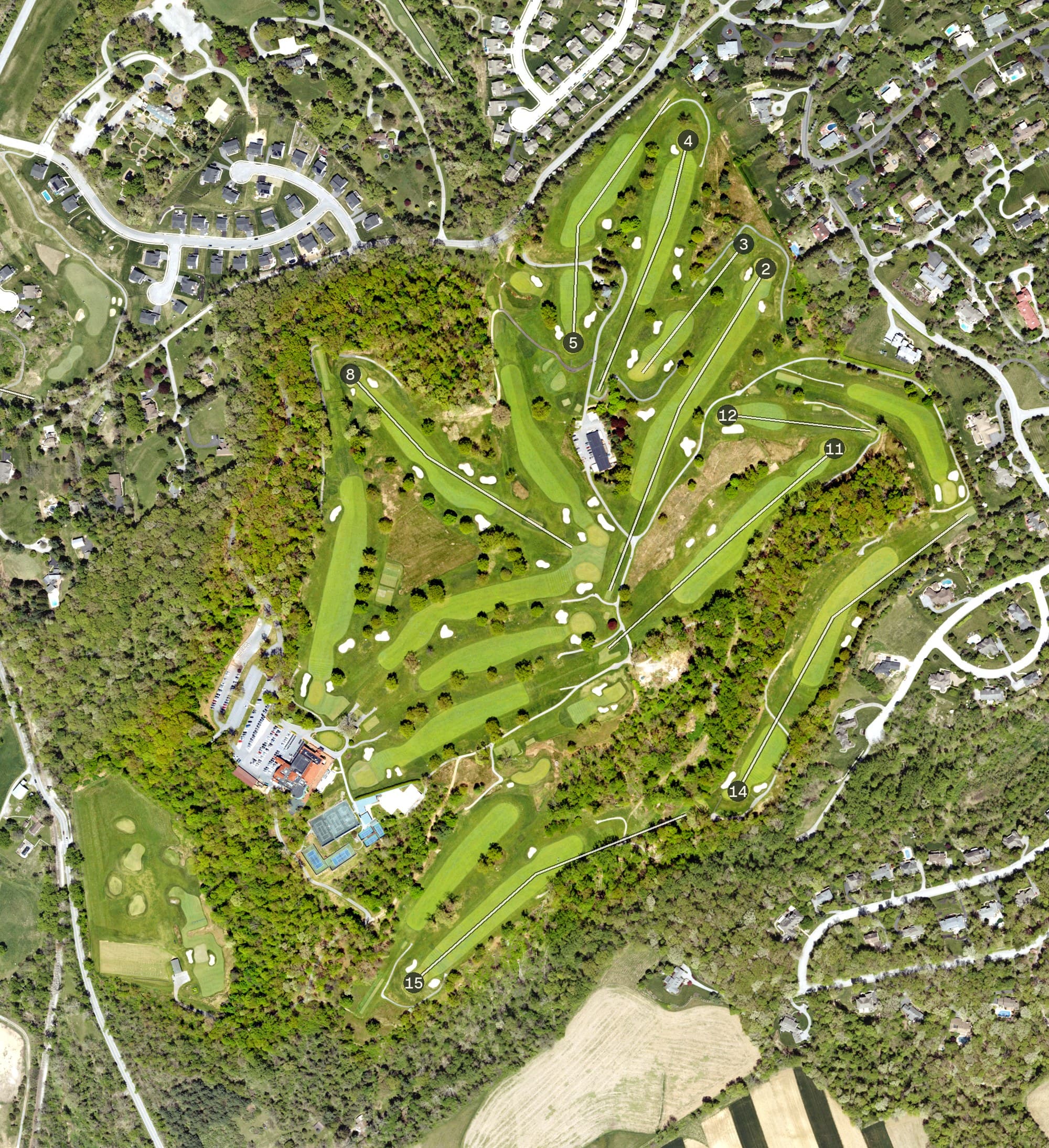 Aerial view of Country Club of York, PA, with its hole routing marked