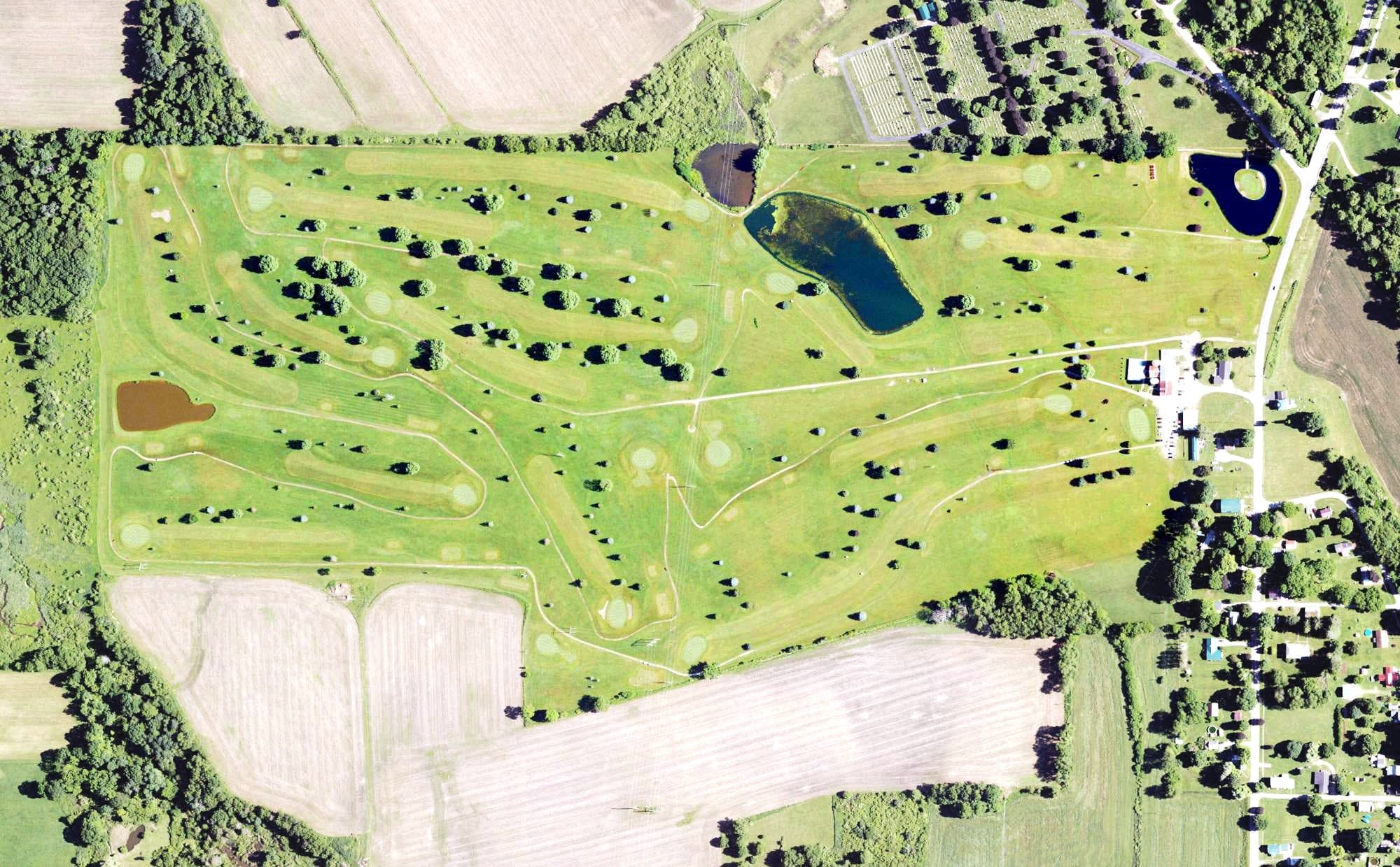 Aerial view of Country Meadows Golf Course, PA, with its hole routing marked
