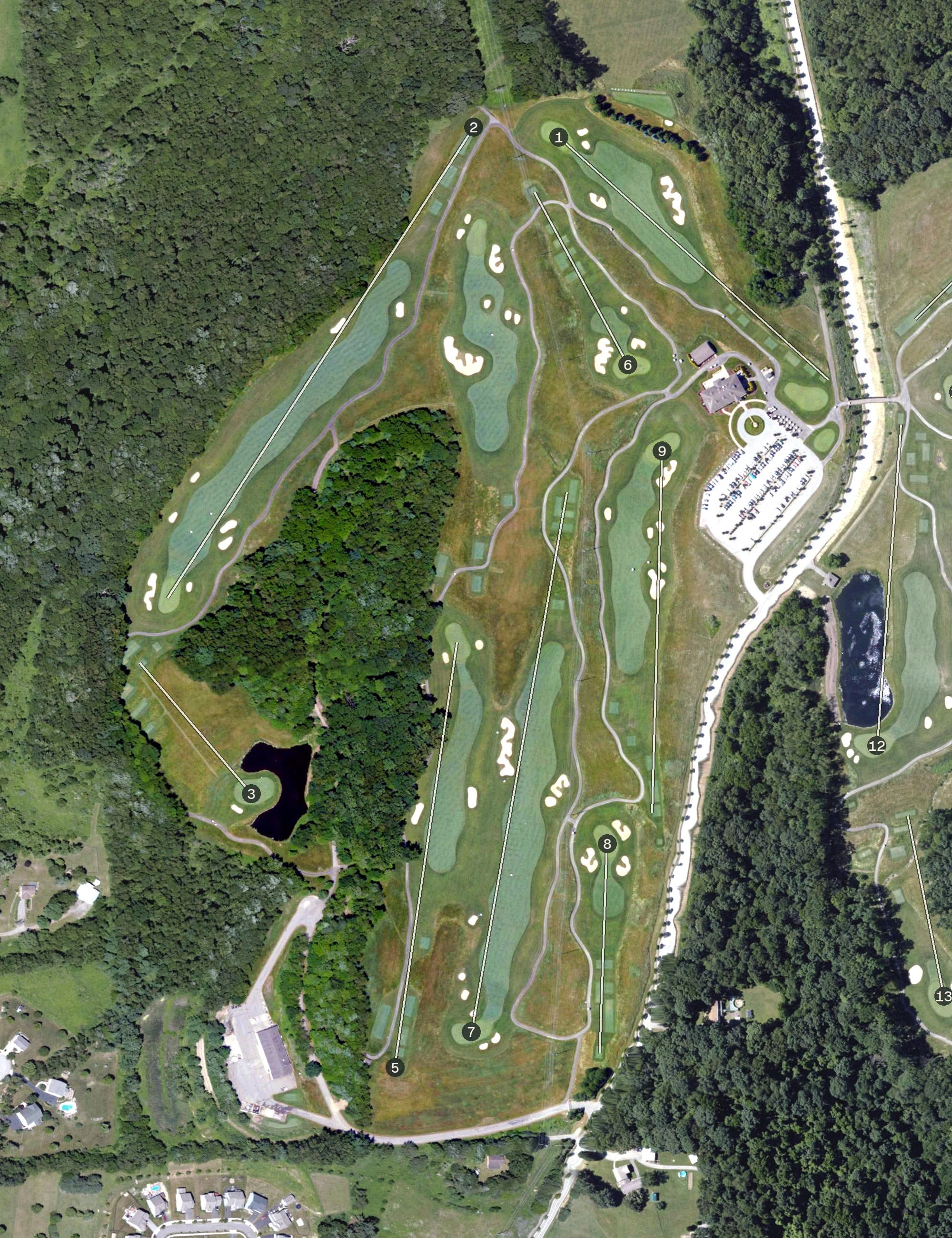 Aerial view of Cranberry Highlands Golf Course, PA, with its hole routing marked