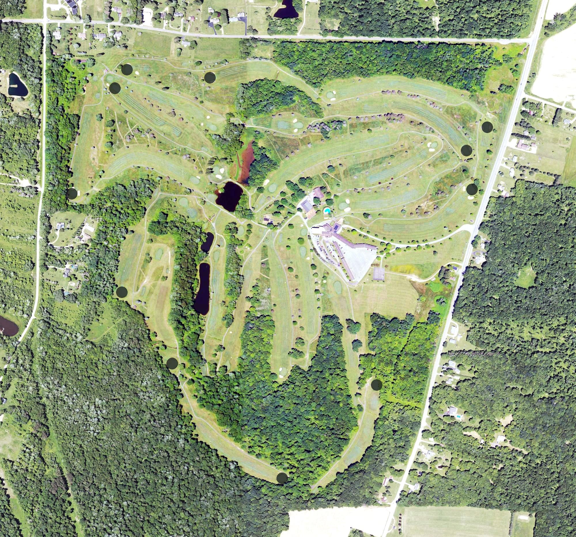 Aerial view of Cross Creek Golf Course, PA, with its hole routing marked