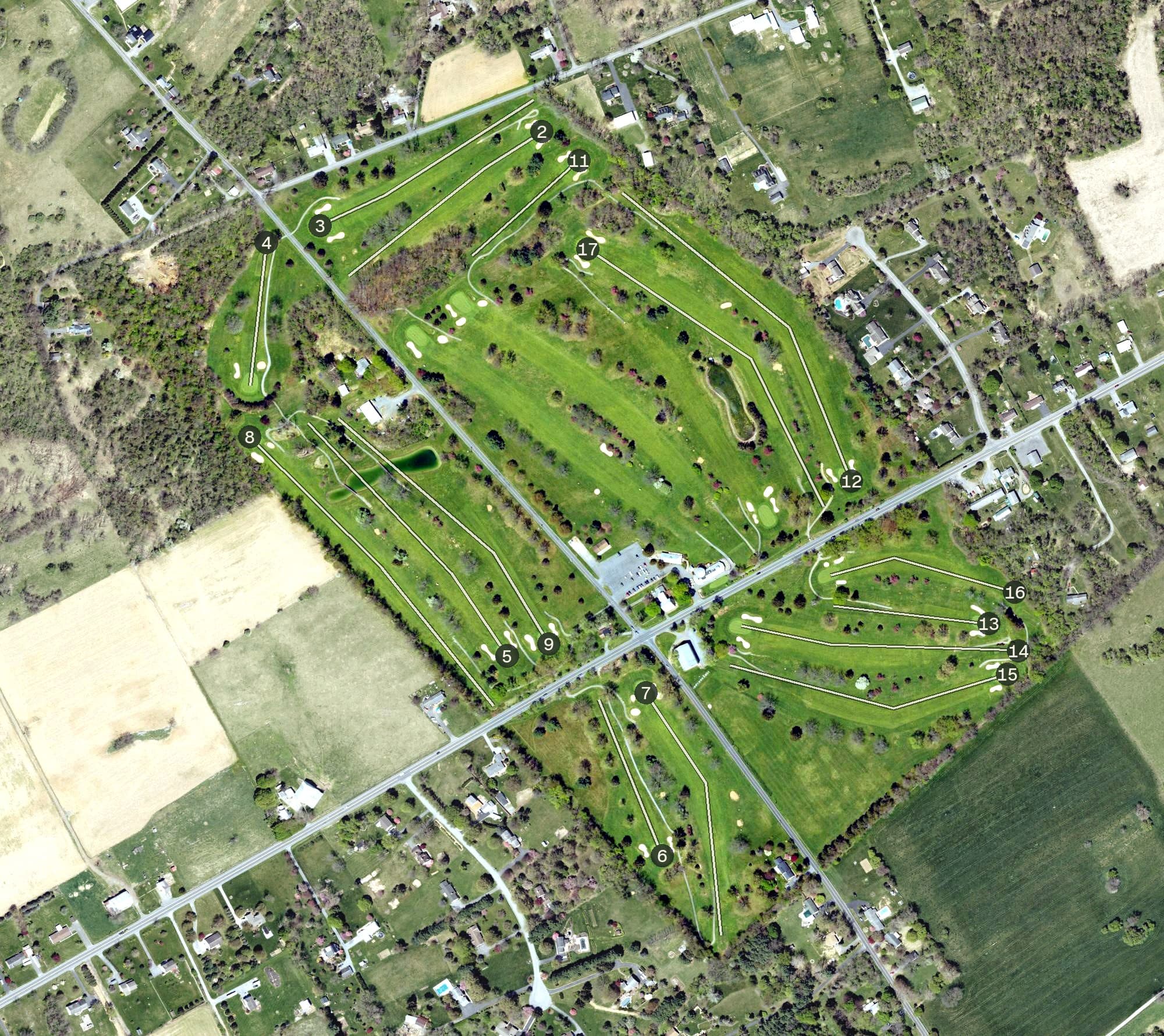 Aerial view of Cumberland Golf Club, PA, with its hole routing marked