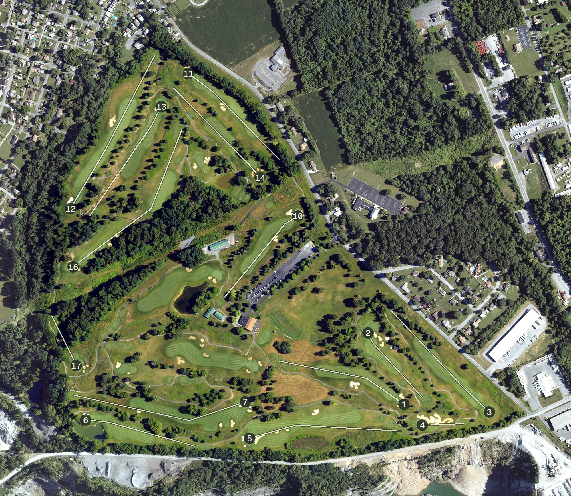 Aerial view of Dauphin Highlands Golf Course, PA, with its hole routing marked