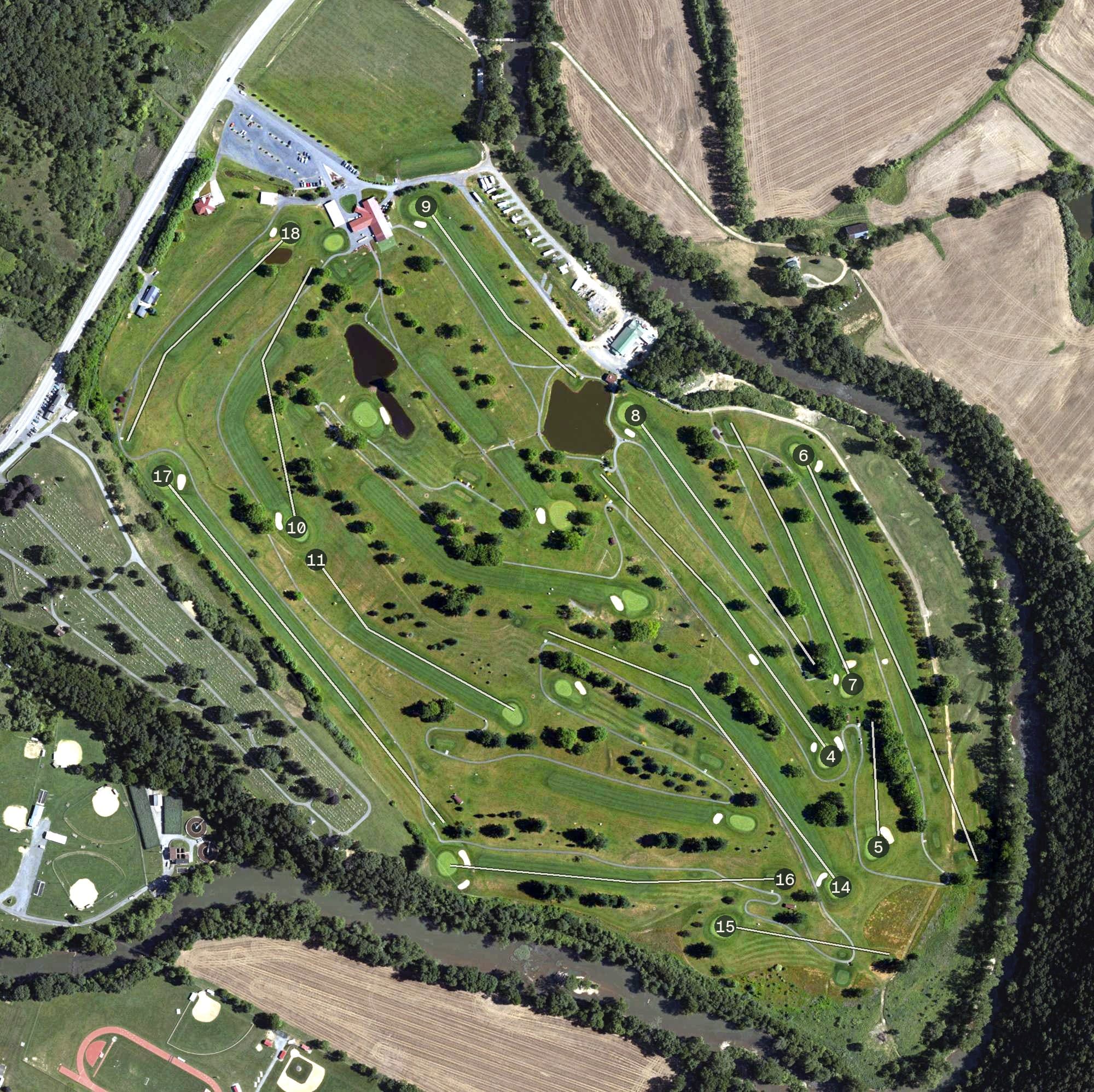 Aerial view of Down River Golf Course, PA, with its hole routing marked