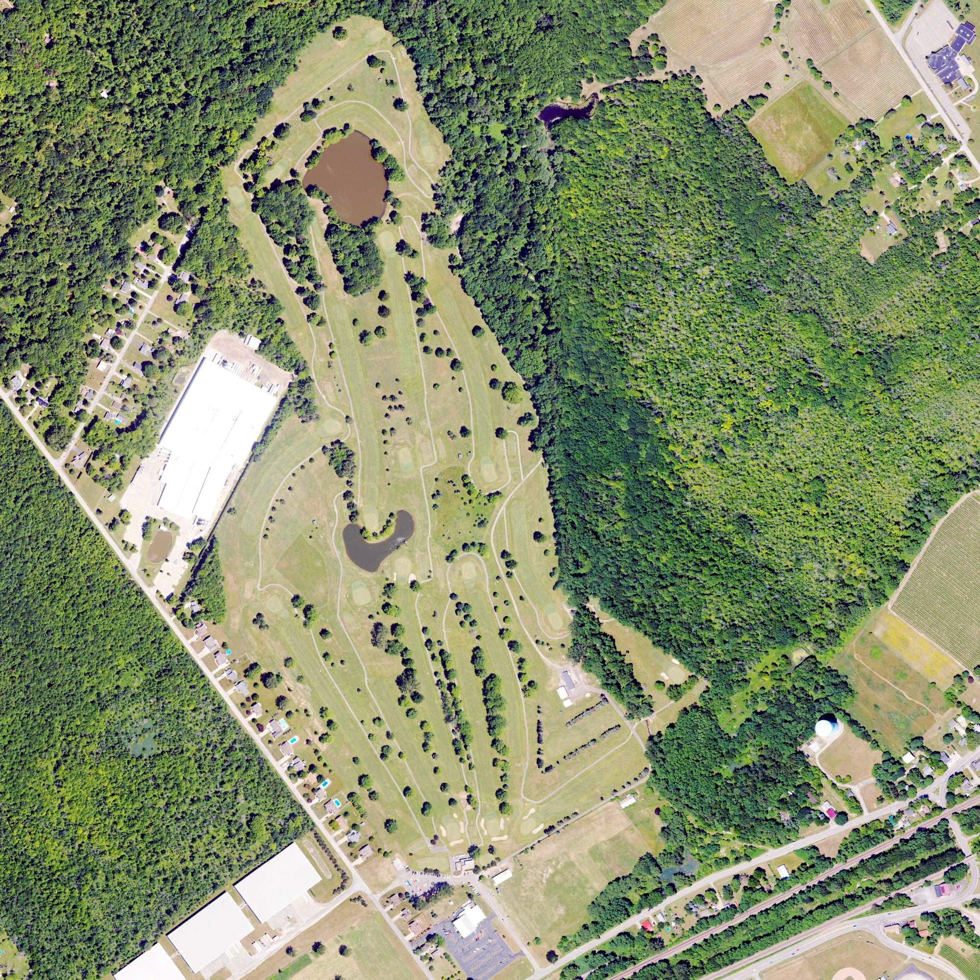 Aerial view of Downing Golf Course, PA, with its hole routing marked