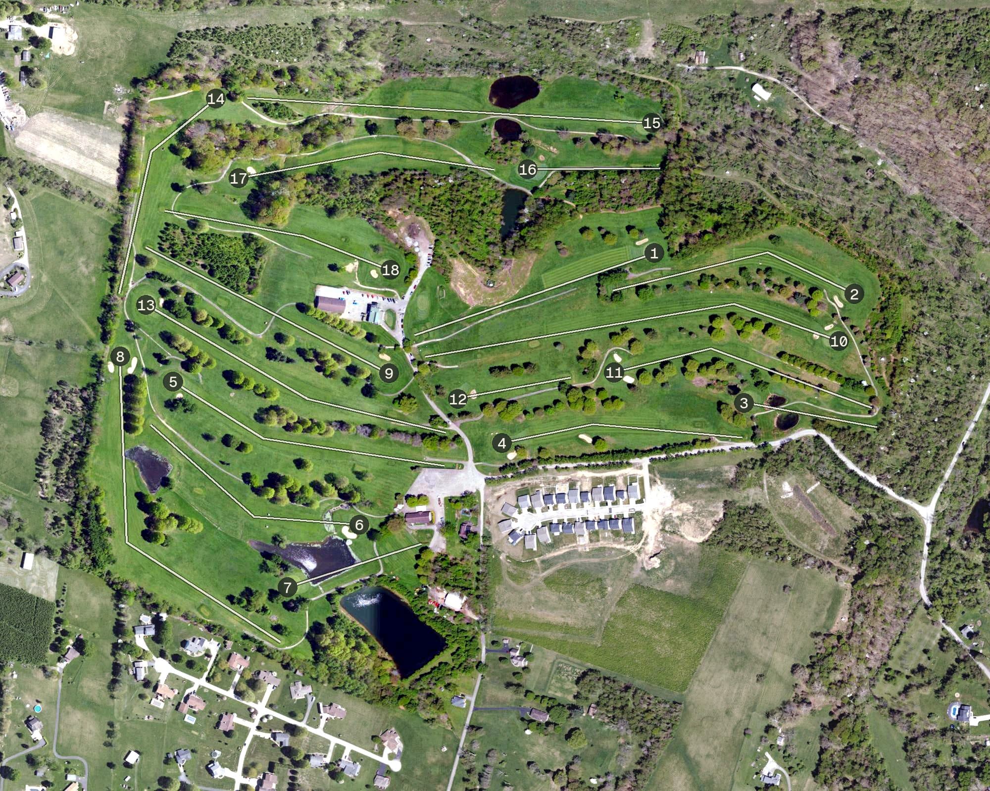 Aerial view of Duck Hollow Golf Club, PA, with its hole routing marked