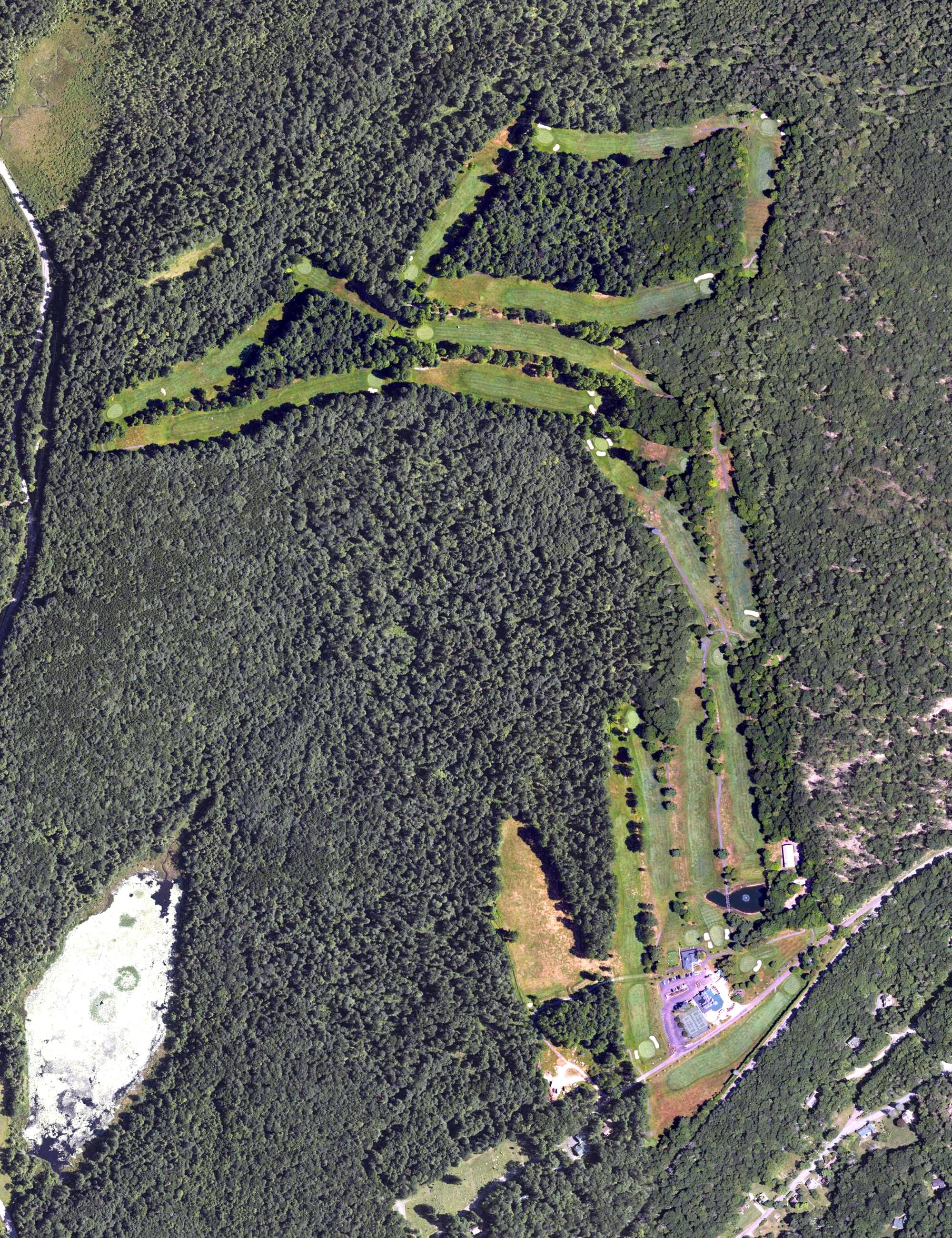 Aerial view of Eagles Mere Country Club, PA, with its hole routing marked