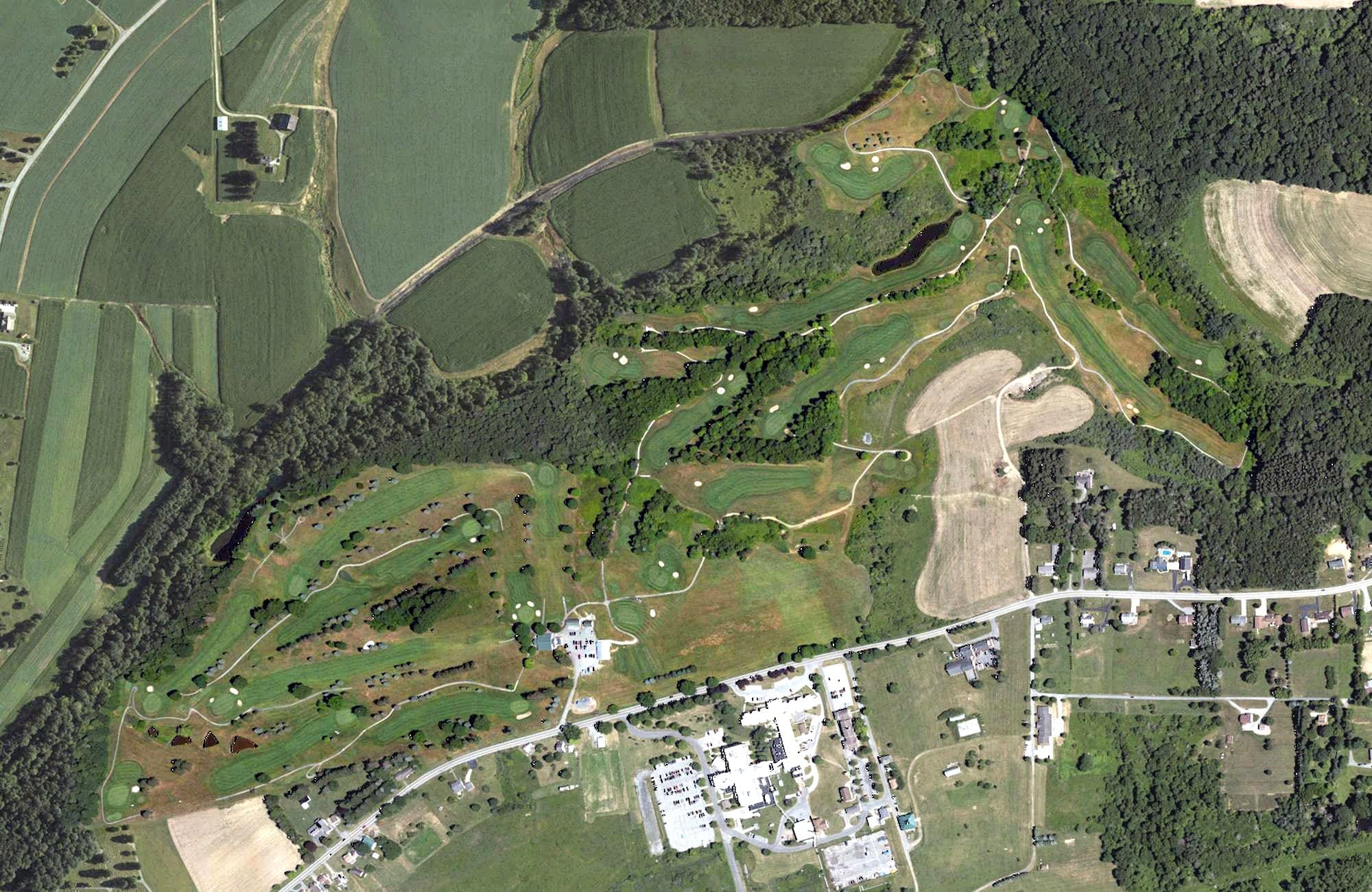 Aerial view of Ebensburg Country Club, PA, with its hole routing marked