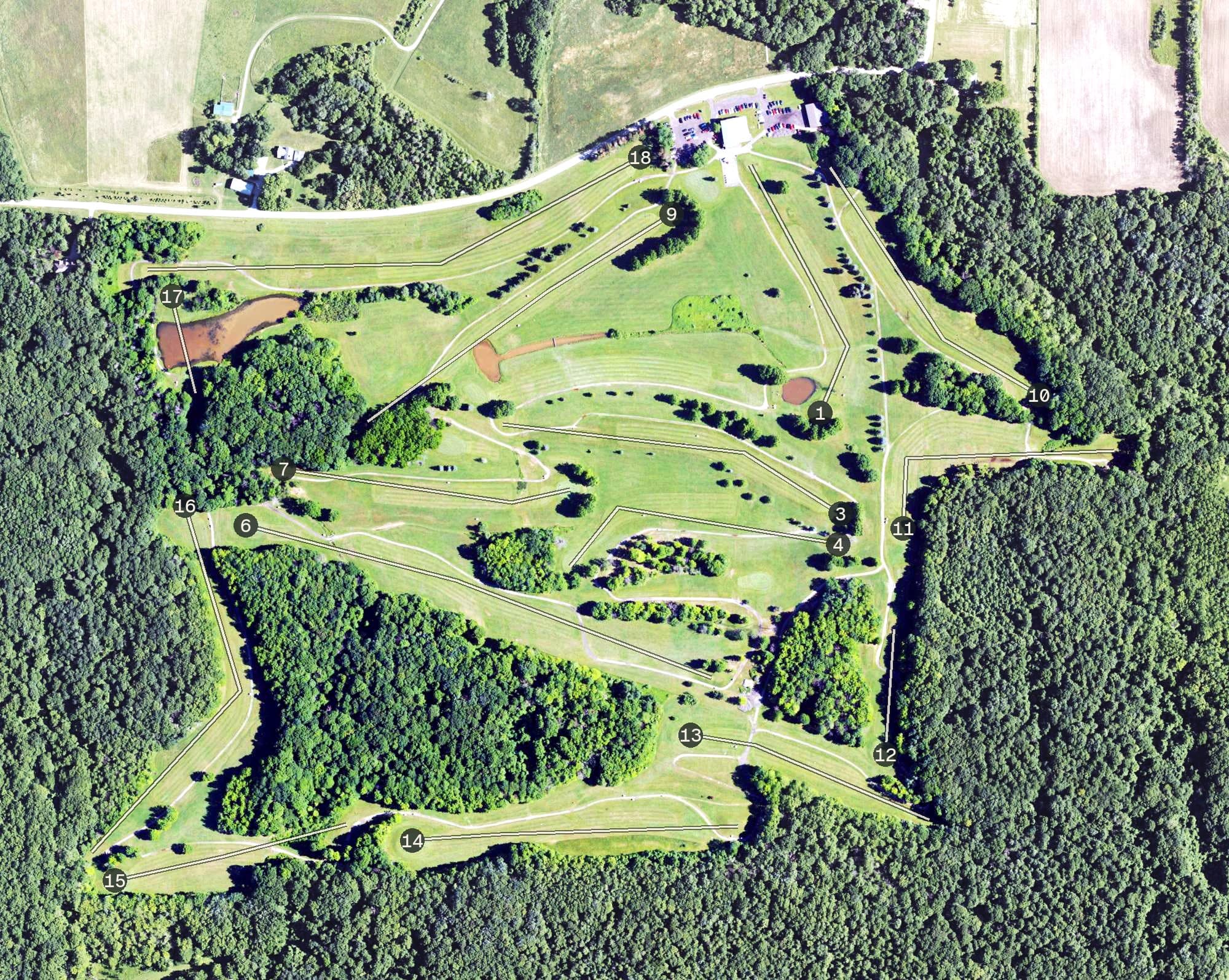 Aerial view of Elk Valley Golf Course, PA, with its hole routing marked