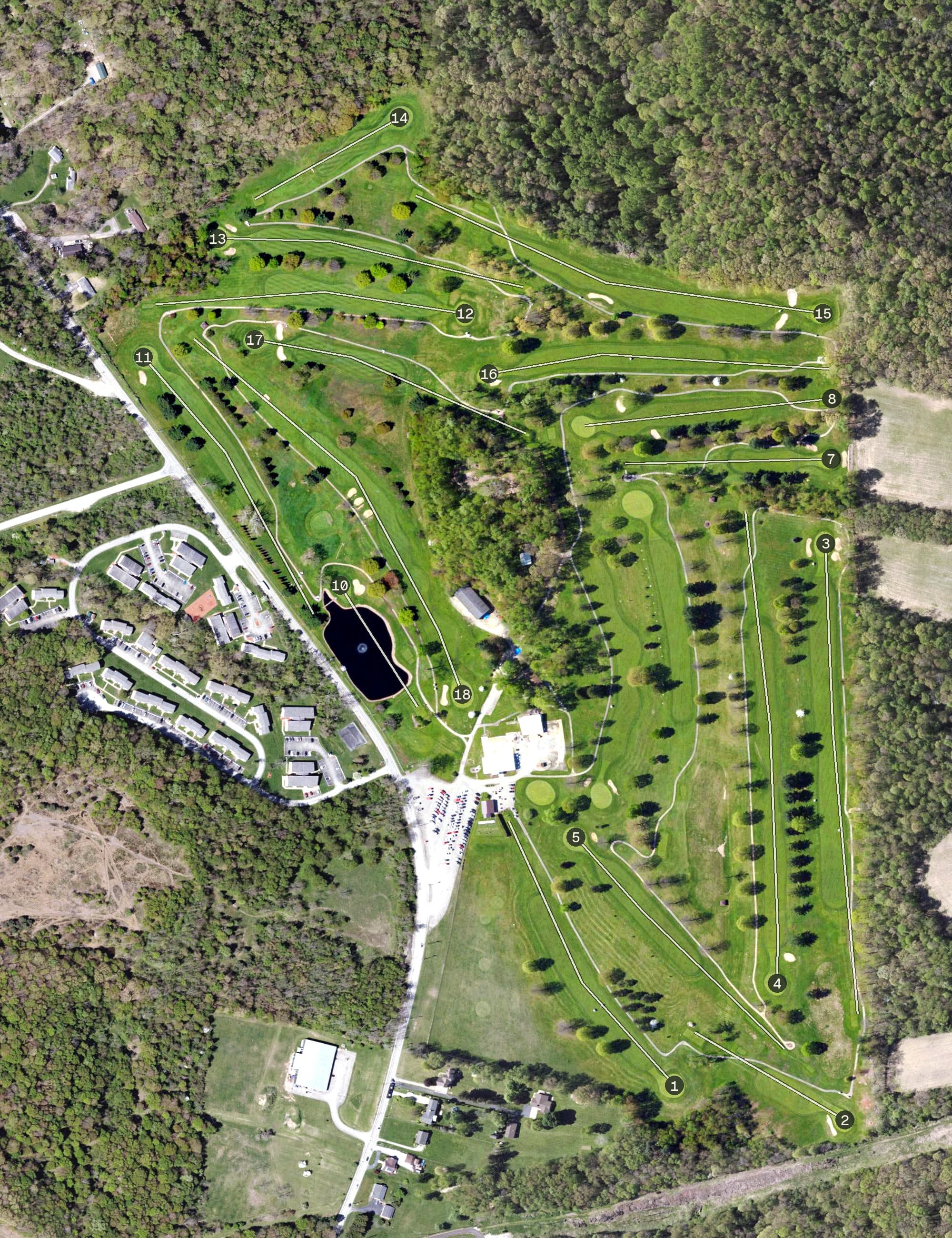 Aerial view of Elks Golf Club, PA, with its hole routing marked